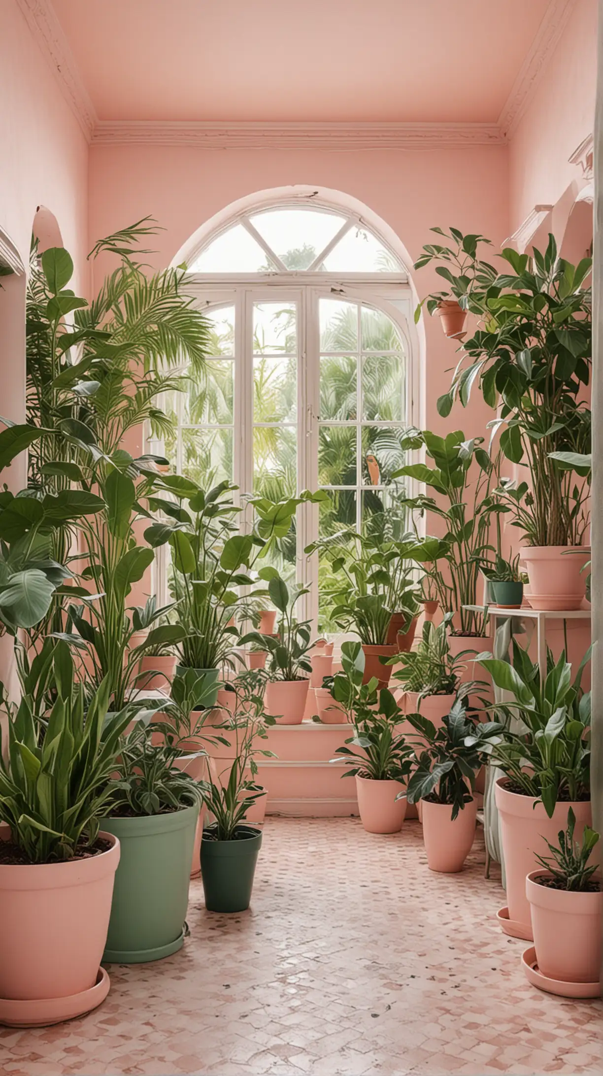 Lush Indoor Garden Oasis with a Pink Hue