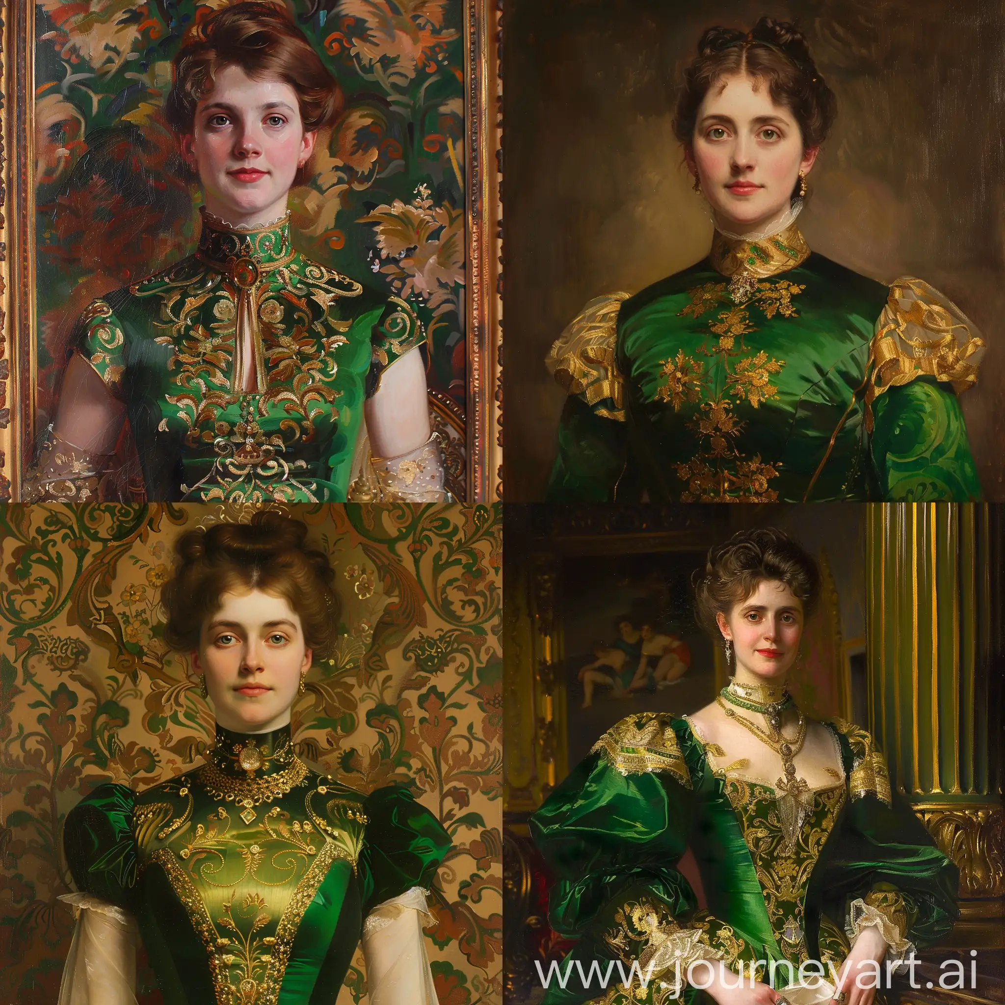 John singer sargent style baroque painting british aristocracy woman in green and gold dress high neckline