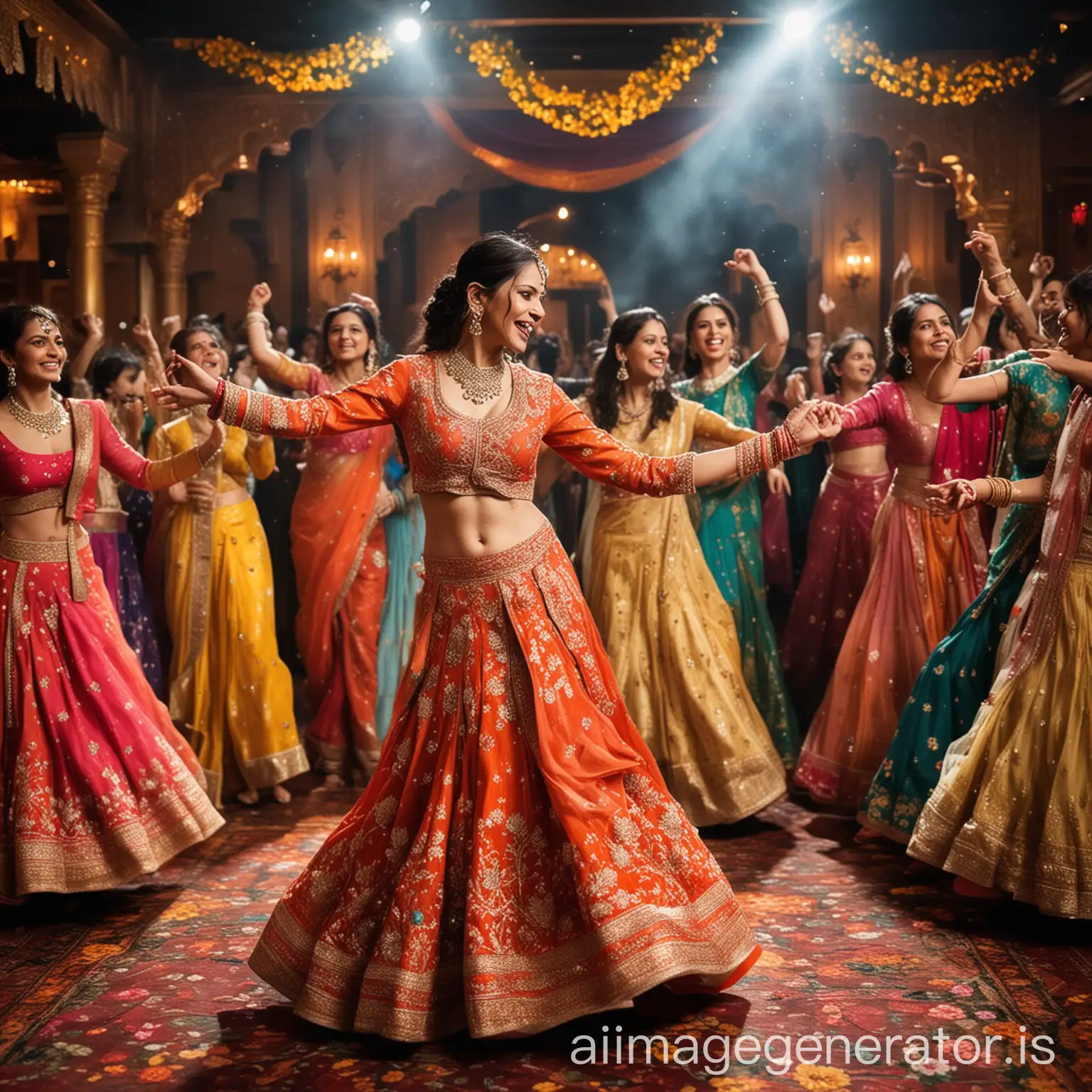 Create a vibrant and detailed image of families dancing at a Bollywood-themed party. The setting is an extravagant, colorful venue filled with traditional Indian elements like hanging marigold flowers, fairy lights, and ornate drapes. The atmosphere is lively and joyous, capturing the essence of Bollywood glamour. In the center of the scene, a large dance floor is packed with families dancing energetically to Bollywood music. Men are dressed in stylish sherwanis, kurta pajamas, and Nehru jackets, while women wear elegant sarees, lehengas, and anarkalis, adorned with intricate embroidery and sparkling jewelry. Children are in miniature versions of traditional outfits, such as colorful lehengas and kurtas. Each family is engaged in dynamic dance poses, their faces lit with joyful expressions, showcasing the unity and excitement of dancing together. The overall image should be filled with vibrant colors, detailed traditional attire, and expressive faces, capturing the joy and excitement of families celebrating together at a Bollywood-themed party.