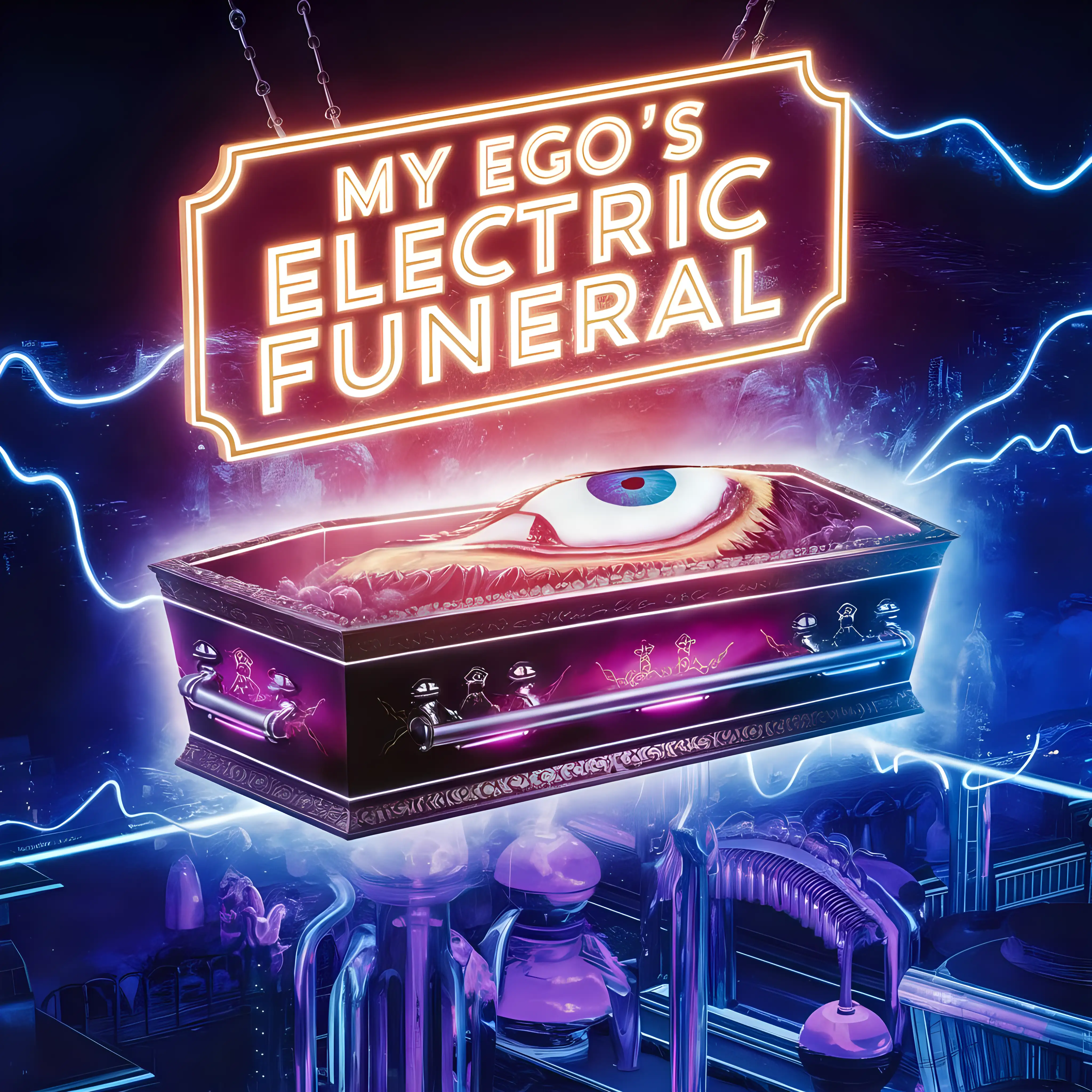 Neon Electric Funeral Surreal Floating Casket Artwork