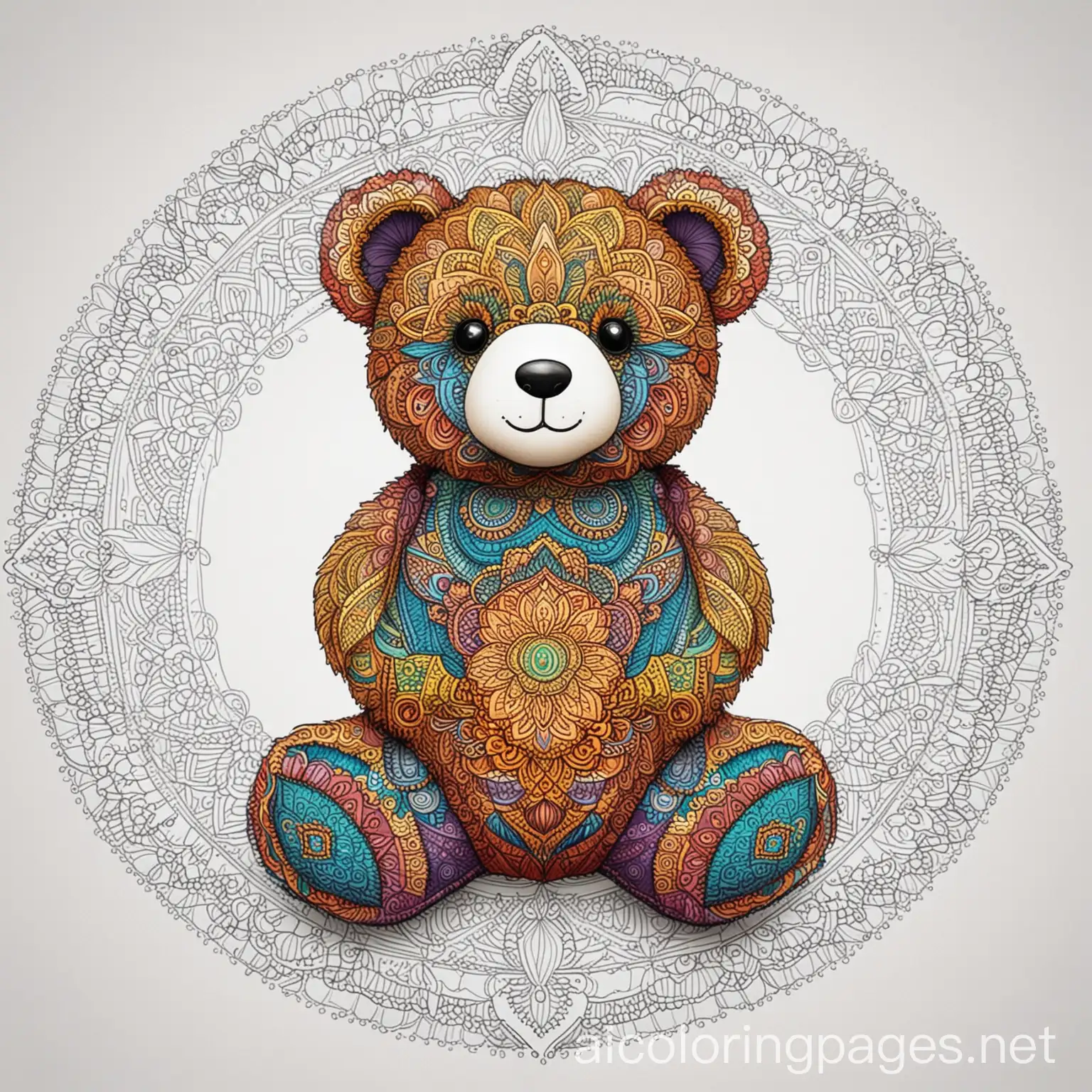 colored mandala teddy bear, Coloring Page, black and white, line art, white background, Simplicity, Ample White Space. The background of the coloring page is plain white to make it easy for young children to color within the lines. The outlines of all the subjects are easy to distinguish, making it simple for kids to color without too much difficulty