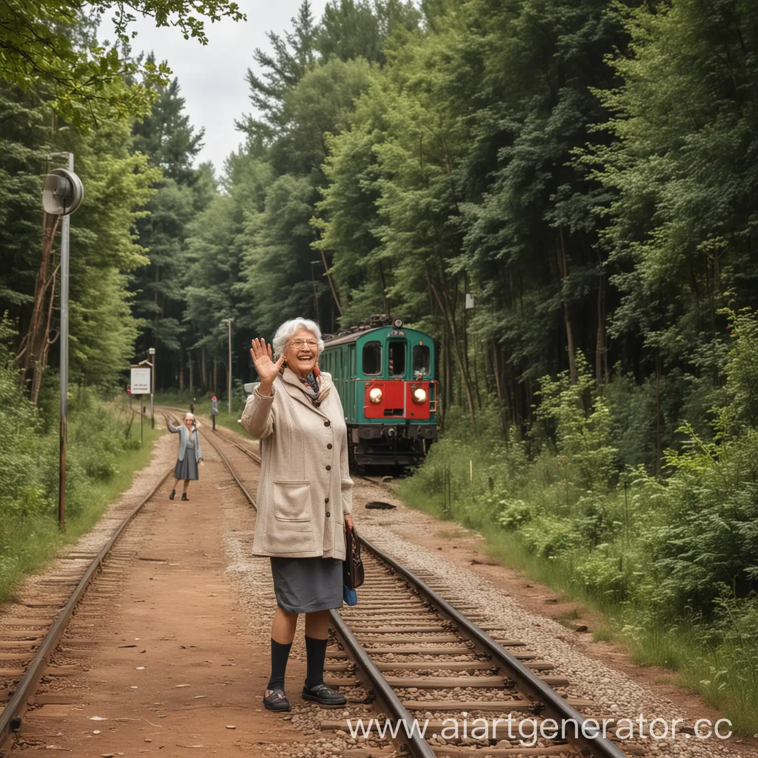 There is a small railway station next to the forest, where there is a smiling grandmother waving her hand, and there is a train nearby