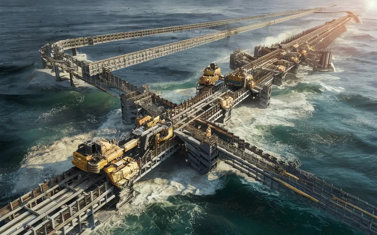 a real CLEAR Image of a high huge MEGA, Long and complex, unique rail line being constructed over the sea, using very advancedmachines during the day. NO FICTION! NO BIRDS! NO TRAIN!