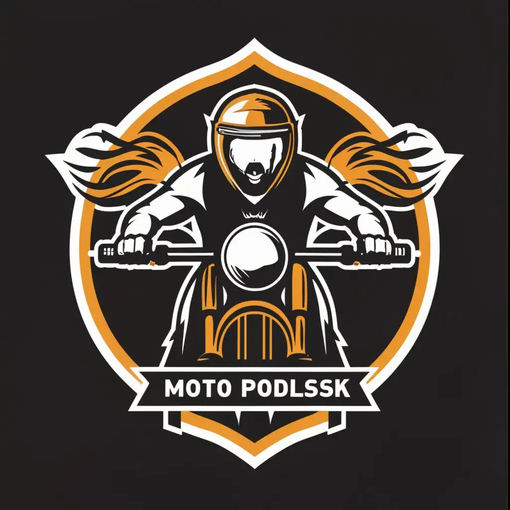 a logo design,with the text "Moto Podolsk", main symbol:The motorcyclist's face sits behind the motorcycle's handlebars at speed,Minimalistic,be used in Automotive industry,clear background
