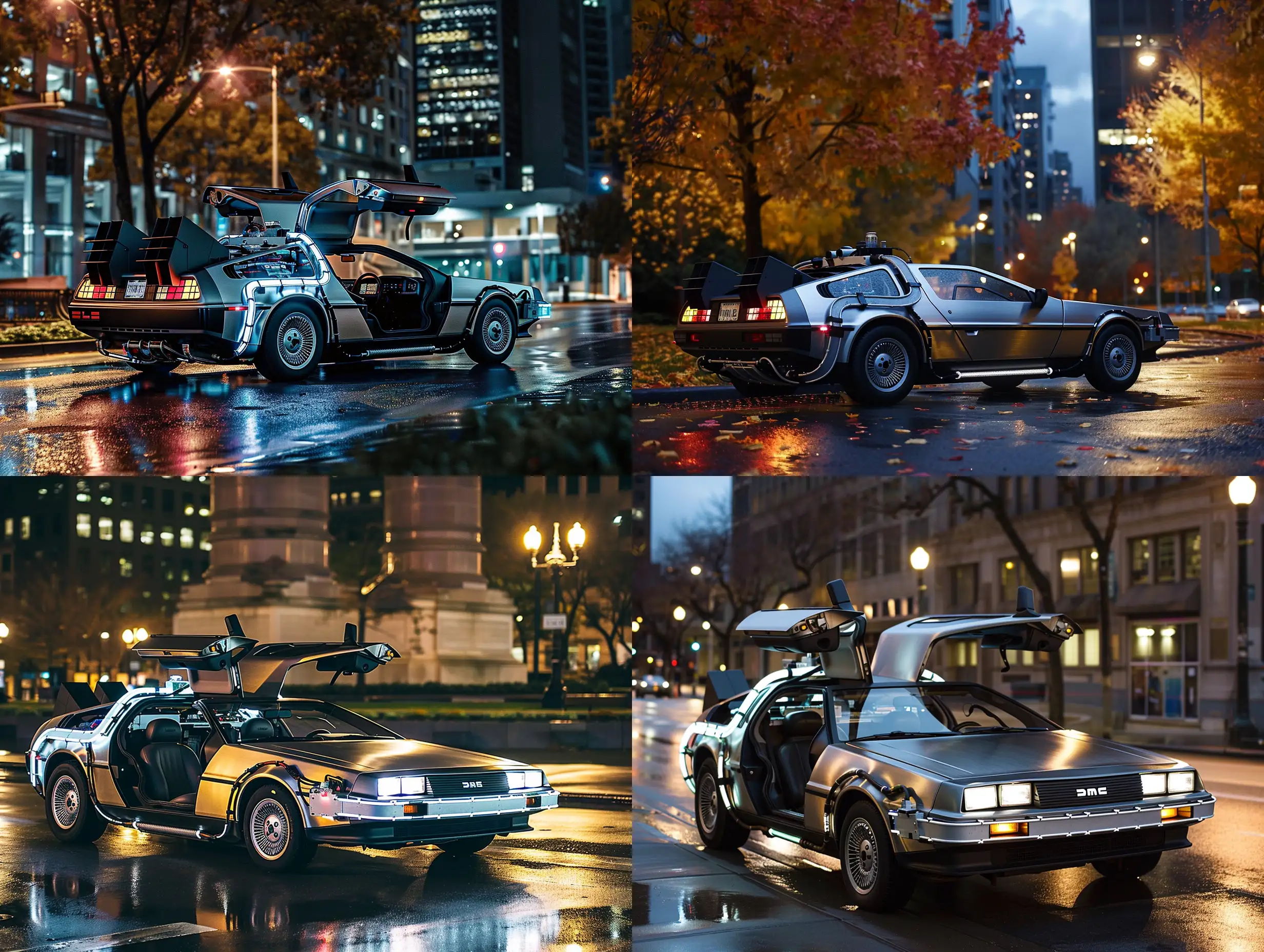 Back to the future delorean parked on wet city street at night