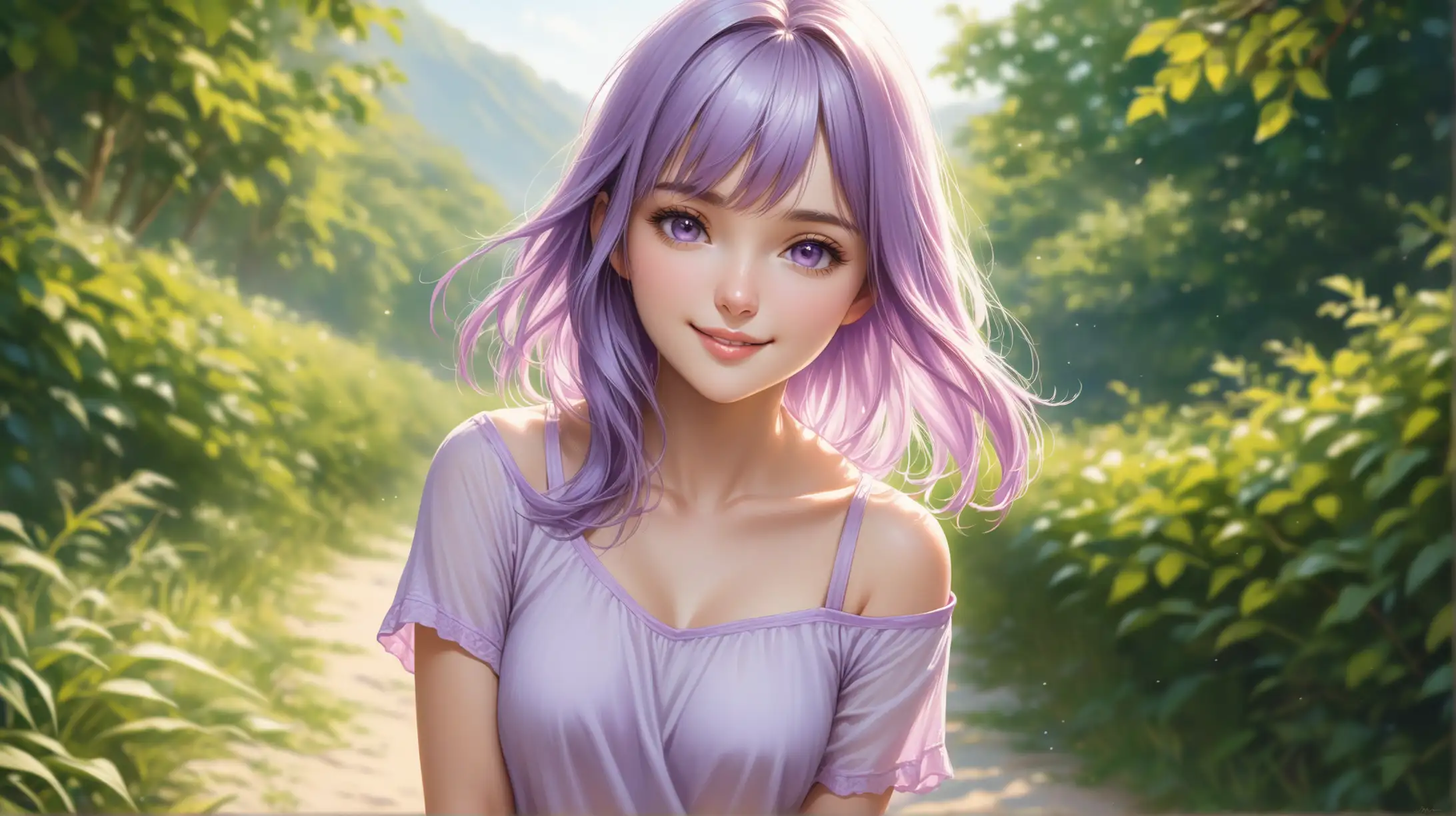 Smiling Woman with Light Purple Hair in Summer Outfit Outdoors