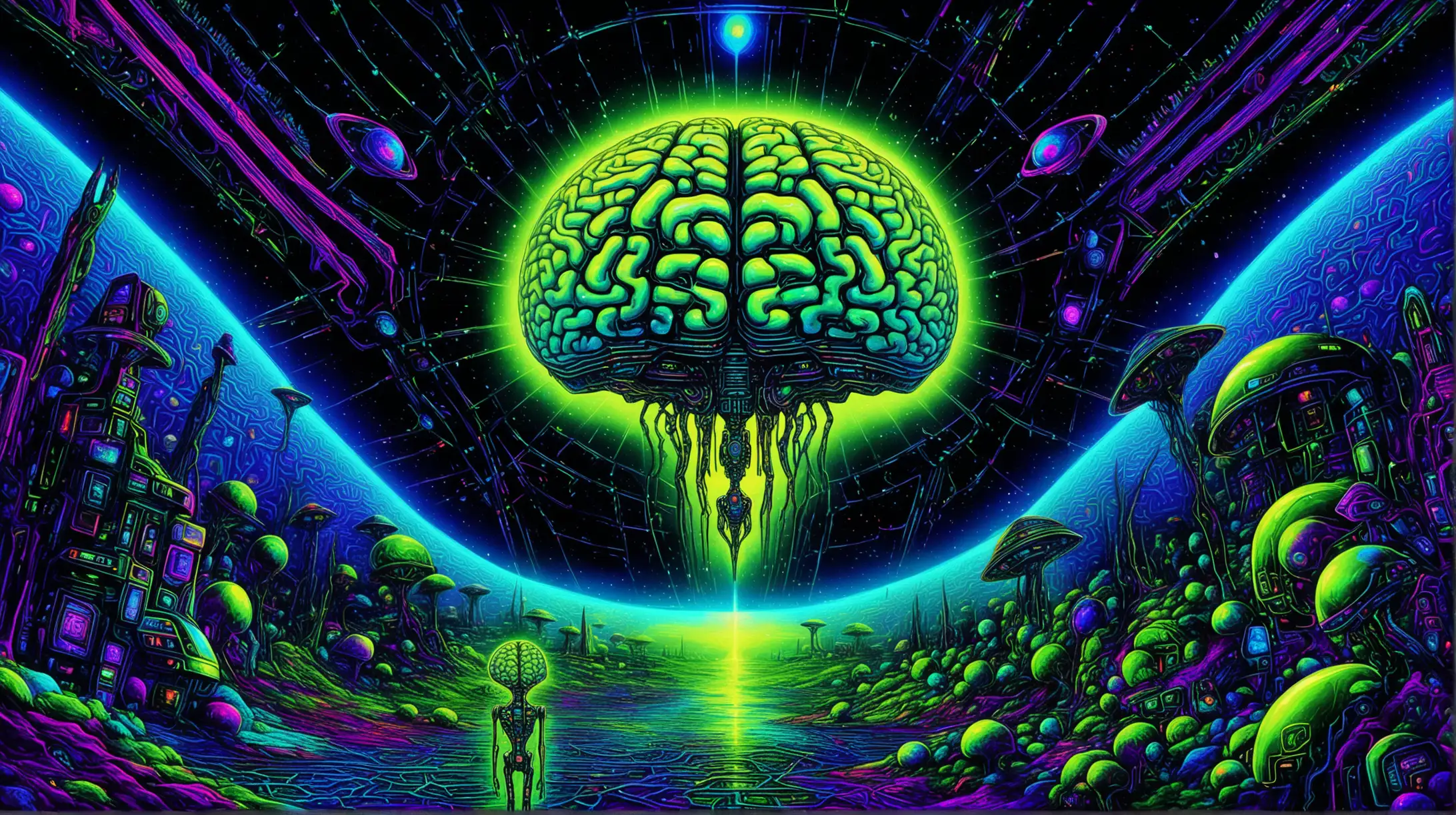 /imagine prompt: a large painting, a large alien digital brain, a futuristic environment, an intricate cyber neural network brain, alien spacecraft on an alien planet, a surreal futuristic world, robot brain neural network standing out from a black background in a painting style --surreal, blacklight, --aspect 1:1, --v 6