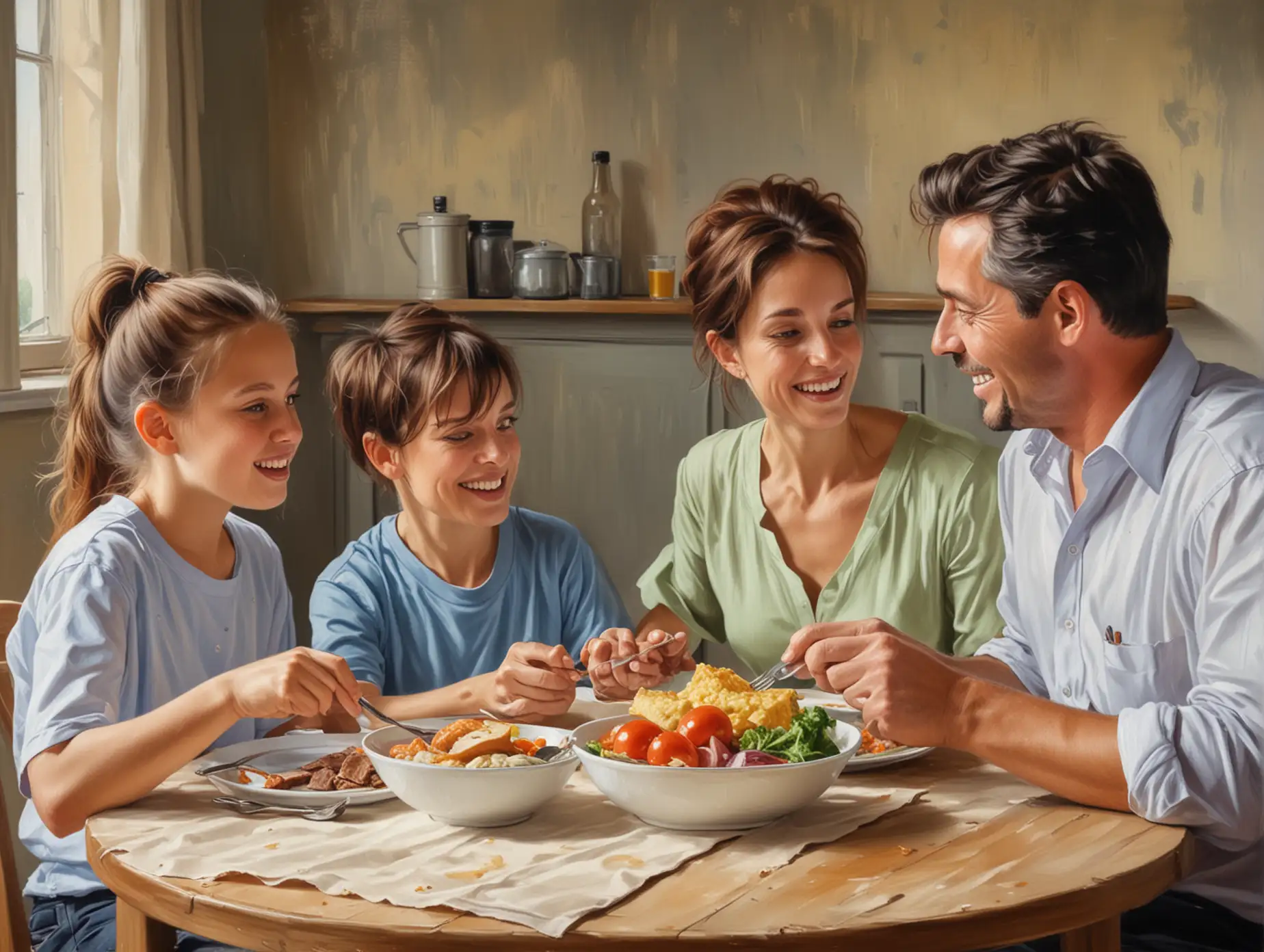 Family-Lunch-Scene-Father-Mother-Son-and-Daughter-Enjoying-Meal-Together