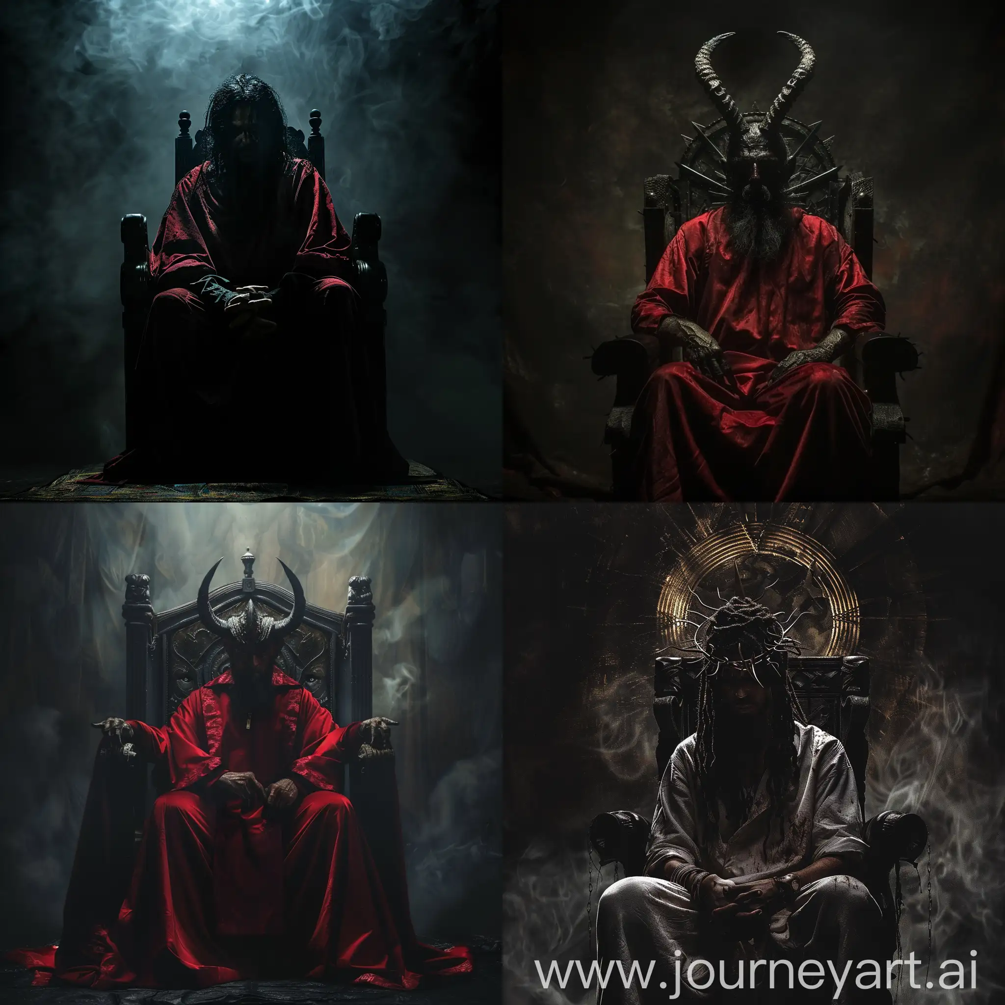 front view The Antichrist Sitting on a dark throne chair with a dark background -- stylize 750 --v 6