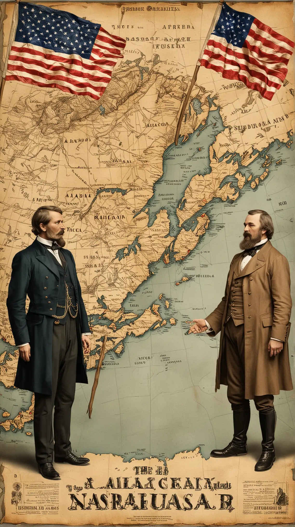 Create an image that depicts the historical event known as the 'Alaska Purchase'. Show a scene where representatives from Russia and the United States are negotiating the sale of Alaska. Include iconic elements such as Russian and American flags, a map showing the territory of Alaska, and historical figures like Tsar Alexander II and Secretary of State William Seward. The setting should convey the atmosphere of diplomacy and negotiation, with both parties engaged in discussions. The image should capture the significance of this event in shaping the geopolitical landscape of North America.
