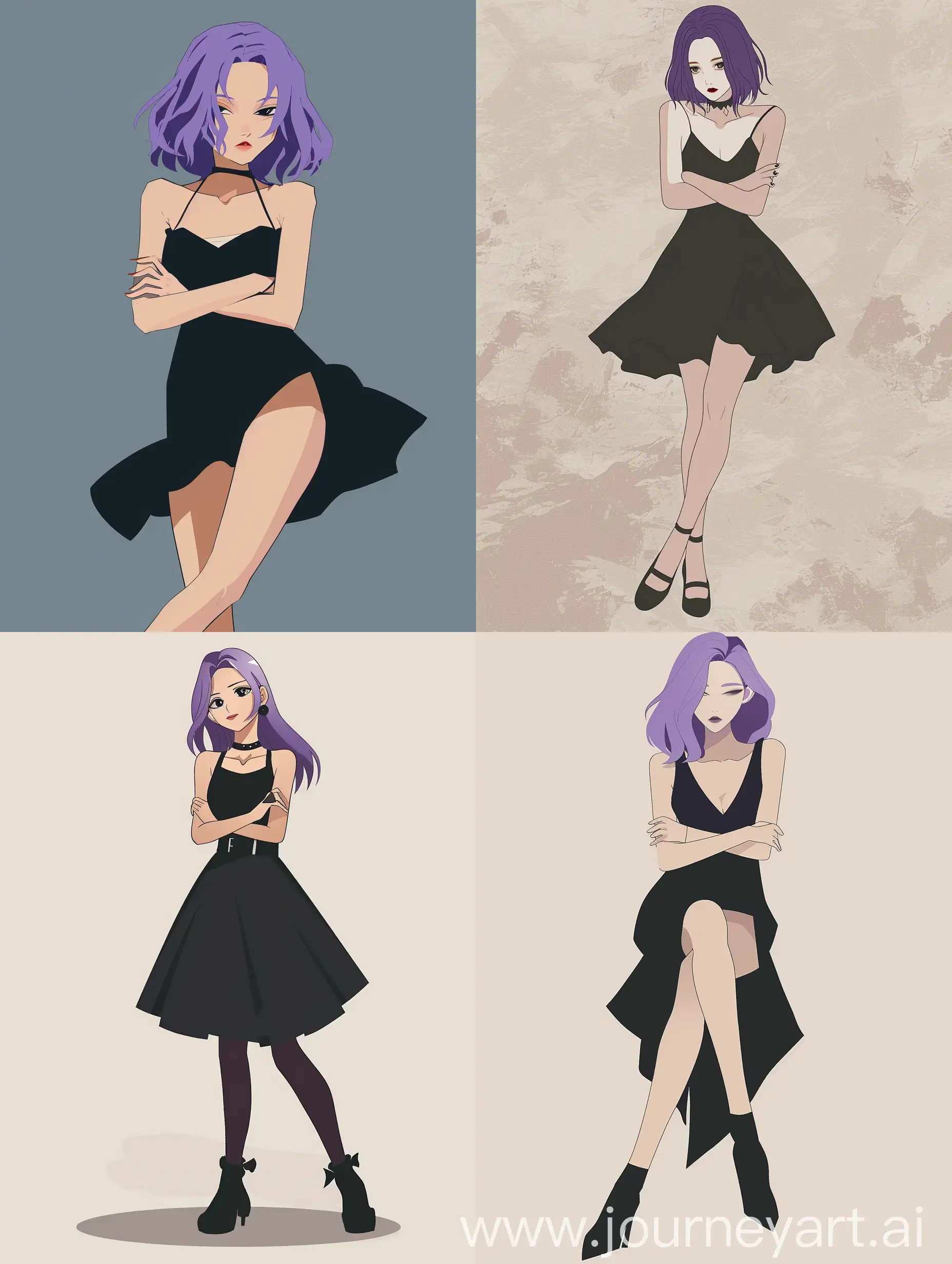 a minimalistic cartoon woman with purple hair and a black dress is posing for a picture with her arms crossed and her legs crossed, a character portrait, gothic art, gothic, Aya Goda