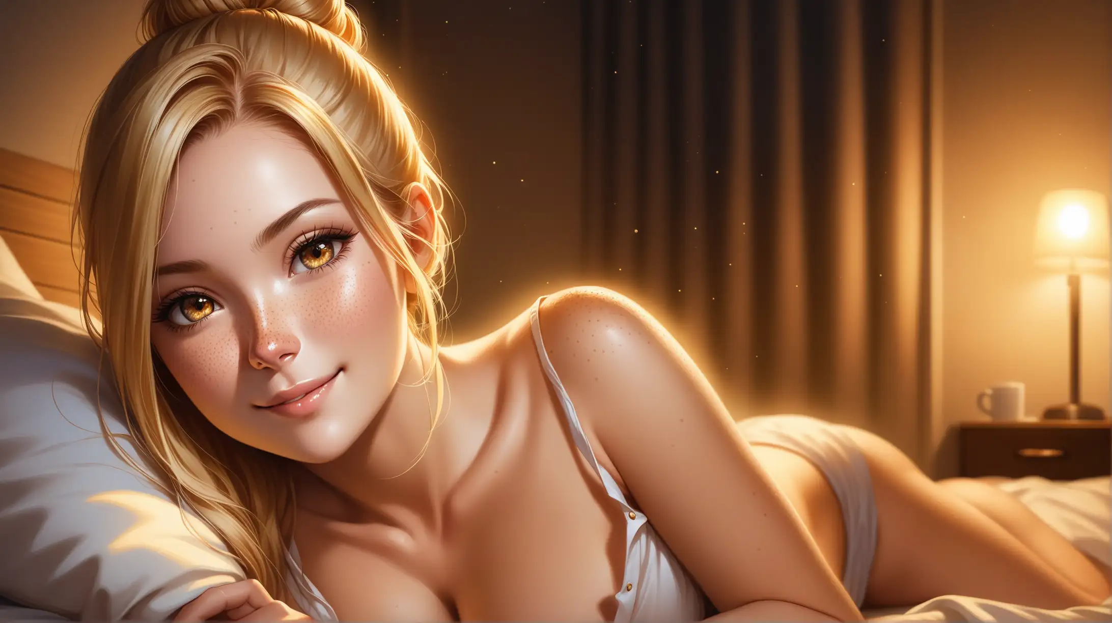 Draw a woman, long blonde hair in a bun, gold eyes, freckles, perky body, unbuttoned pajama top, panties, high quality, realistic, long shot, night lighting, indoors, bedroom, lying on back, seductive, revealing, smiling toward the viewer