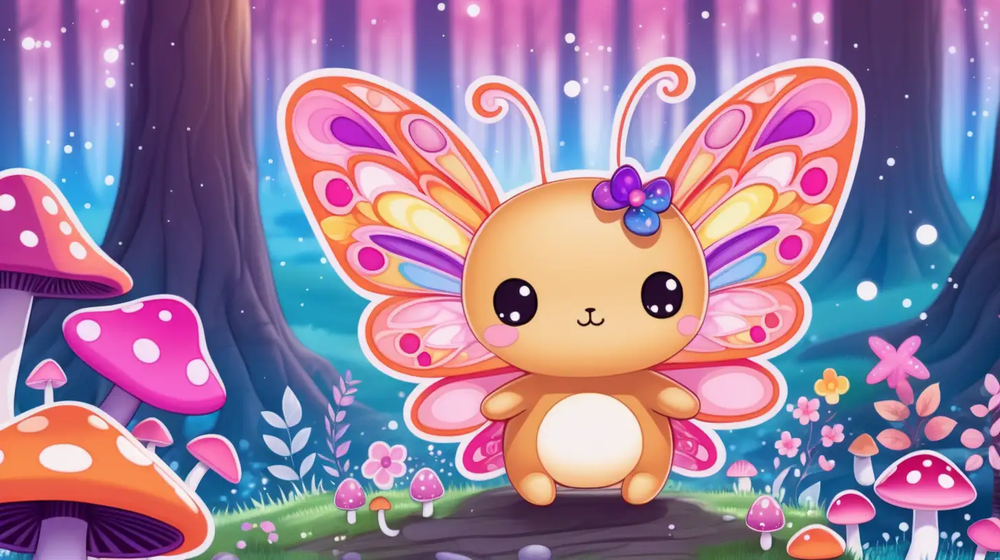 CUTE KAWAII Butterfly. In magical forest of pink. purple. green. orange. yellow. blue trees and mushrooms.