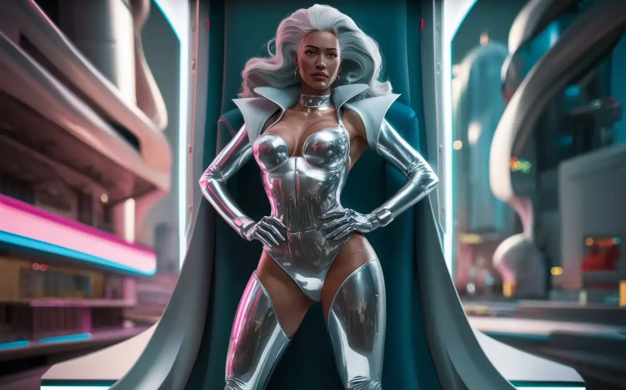a beautiful cyber woman from the future with a magnificent large bust and long legs, white hair