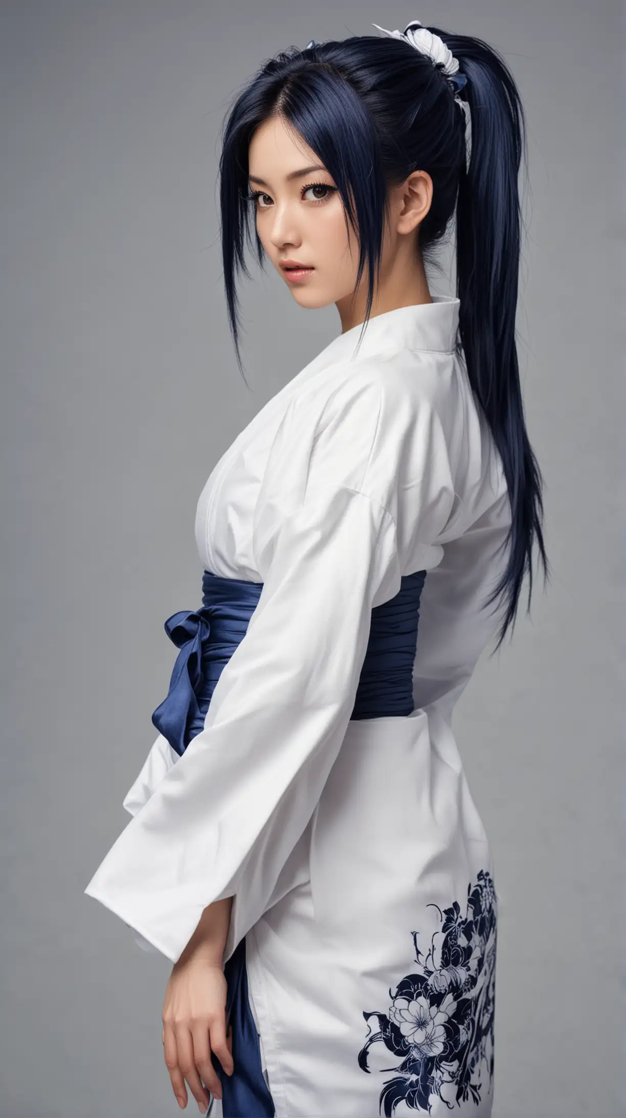 Japanese Female Fighter in Navy Blue Kimono Dress