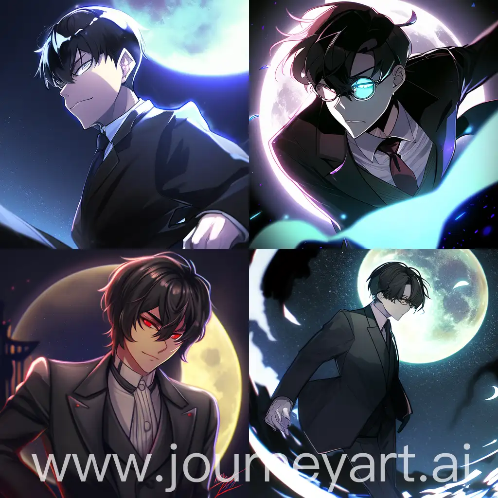 The style is dark senen, The man in the black suit has a short haircut and his ability to squint to the moon