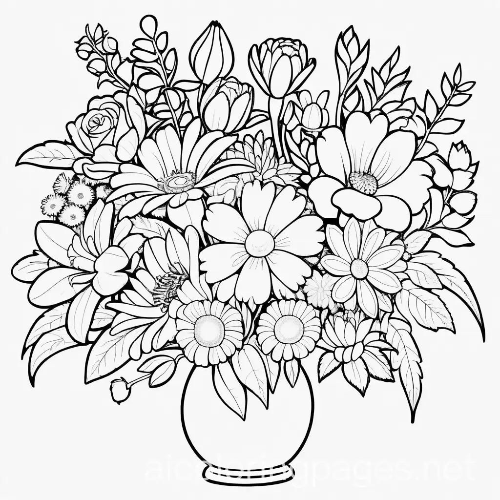 bouquet of flowers, Coloring Page, black and white, line art, white background, Simplicity, Ample White Space. The background of the coloring page is plain white to make it easy for young children to color within the lines. The outlines of all the subjects are easy to distinguish, making it simple for kids to color without too much difficulty