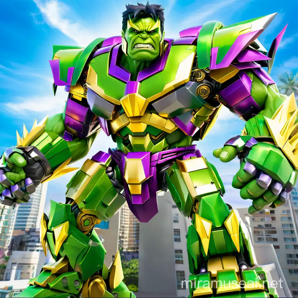 Hulk Transformer in Aggressive Pose Against Sky
