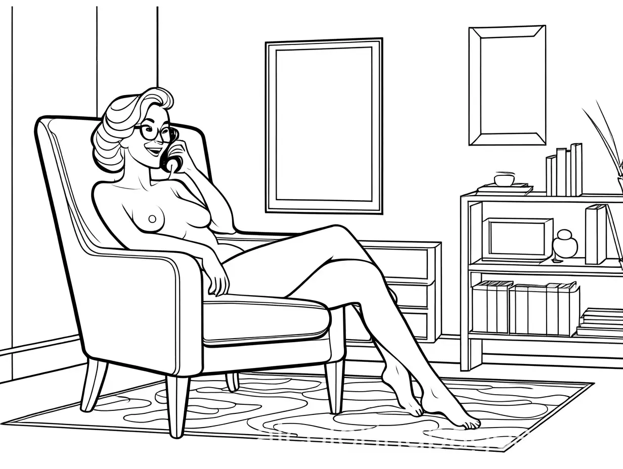 Naked mature woman with glasses cheerfully chatting on the phone while sitting in her flat chair, stroke drawing, simplicity, lots of white space, Coloring Page, black and white, line art, white background, Simplicity, Ample White Space. The background of the coloring page is plain white to make it easy for young children to color within the lines. The outlines of all the subjects are easy to distinguish, making it simple for kids to color without too much difficulty