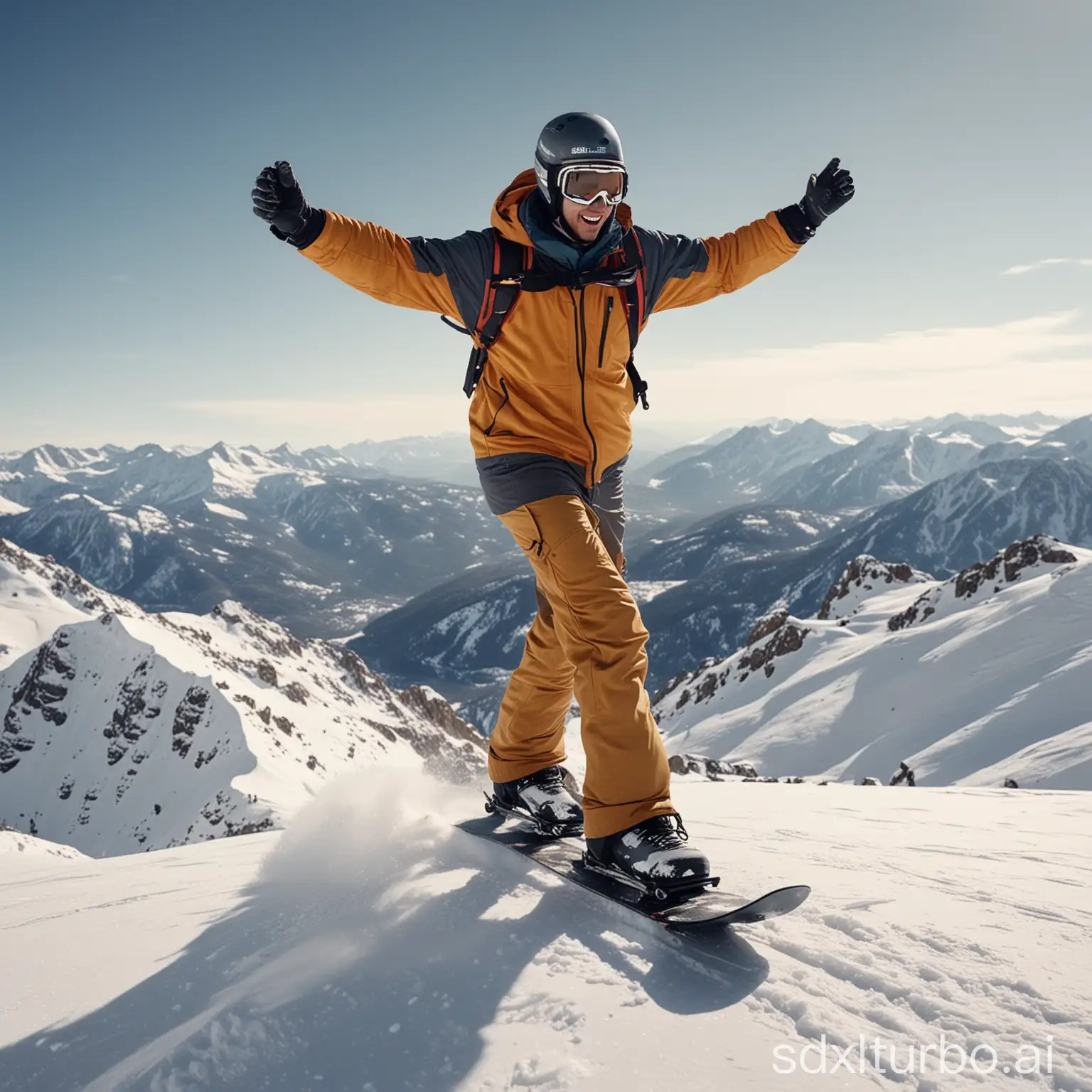 The background is a skiing theme. An American young man is wearing ski equipment. He is riding a snowboard with his feet on the snowboard. He is skiing on the snowy mountain in a downward swooping posture, with his hands in the air to control the direction. He's all dressed up, top notch, super confident, ultra HD, 8K, detailed, high quality.