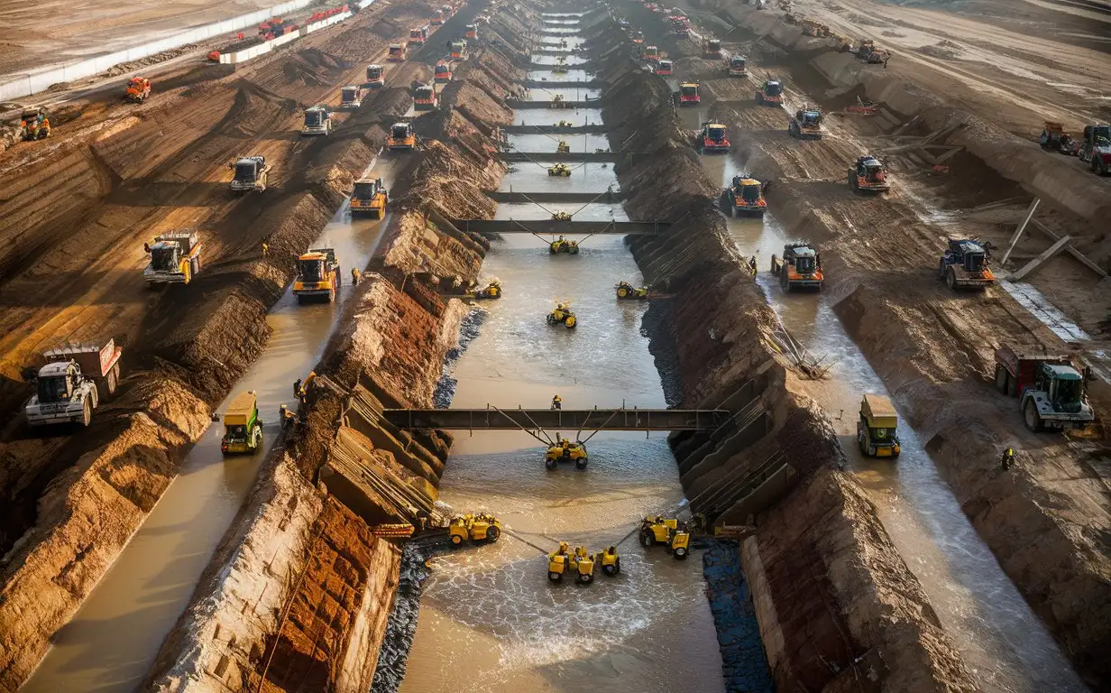 A REAL MEGA Construction, showcasing thousands of trucks and tractors digging up down, and water coming from beneath, a bit muddy, very deep trenches, workers fixing materials, very heavy construction of the largest artificial river in desert