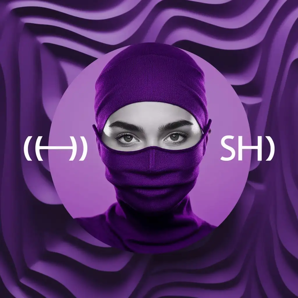 avatar in purple tones with logotype '[SH]', SPEREDI NEEDS TO BE A GIRL WITH MASK ON ALL FACE WITH VERY BEAUTIFUL EYES (SHOULD BE ONLY HEAD, MAXIMUM TO DEKOLTE) AND BEHIND HER A BEAUTIFUL 3D TEXT [SH]