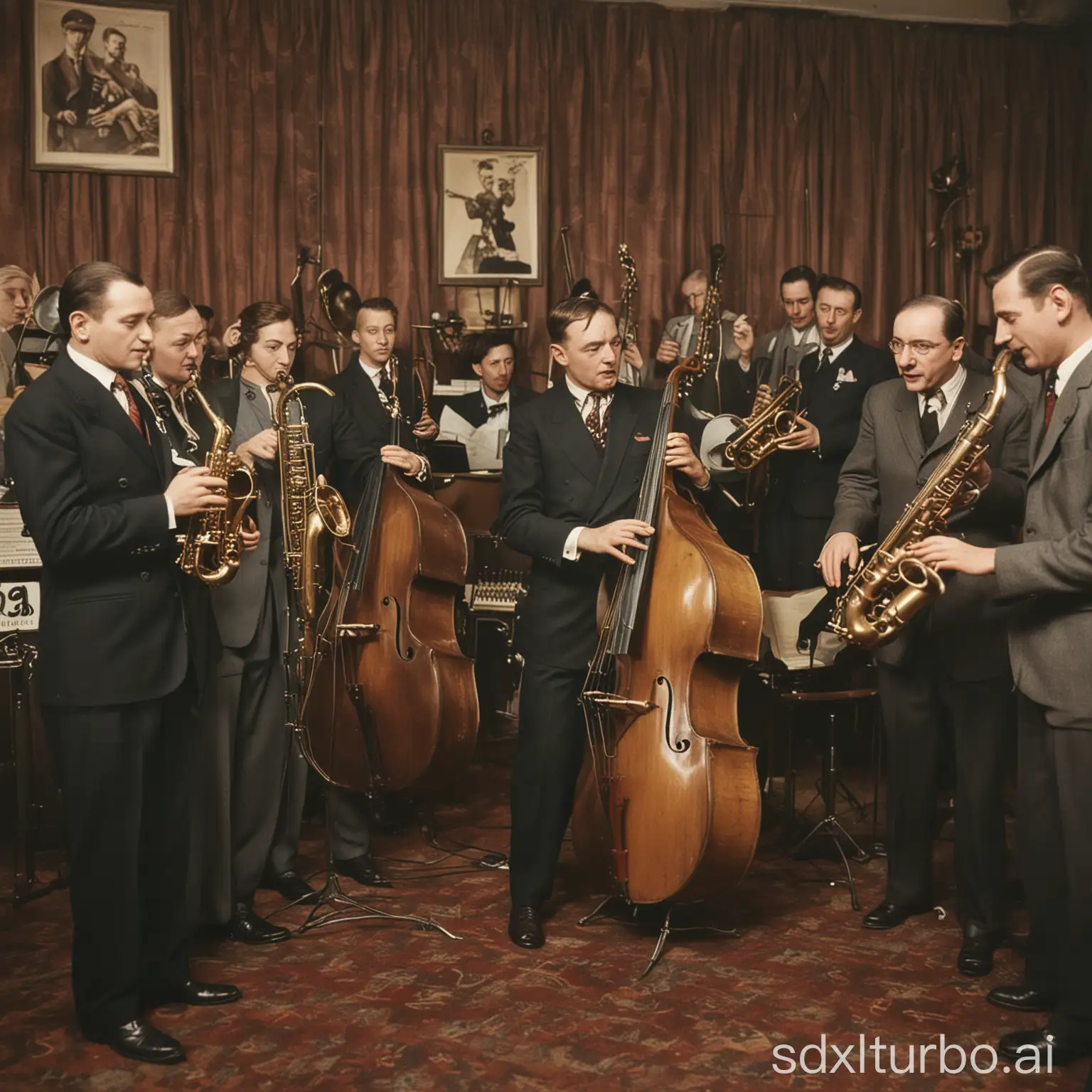 old color photo of German jazz musicians playing jazz in 1938 at Nazi jazz club in Babylon Berlin