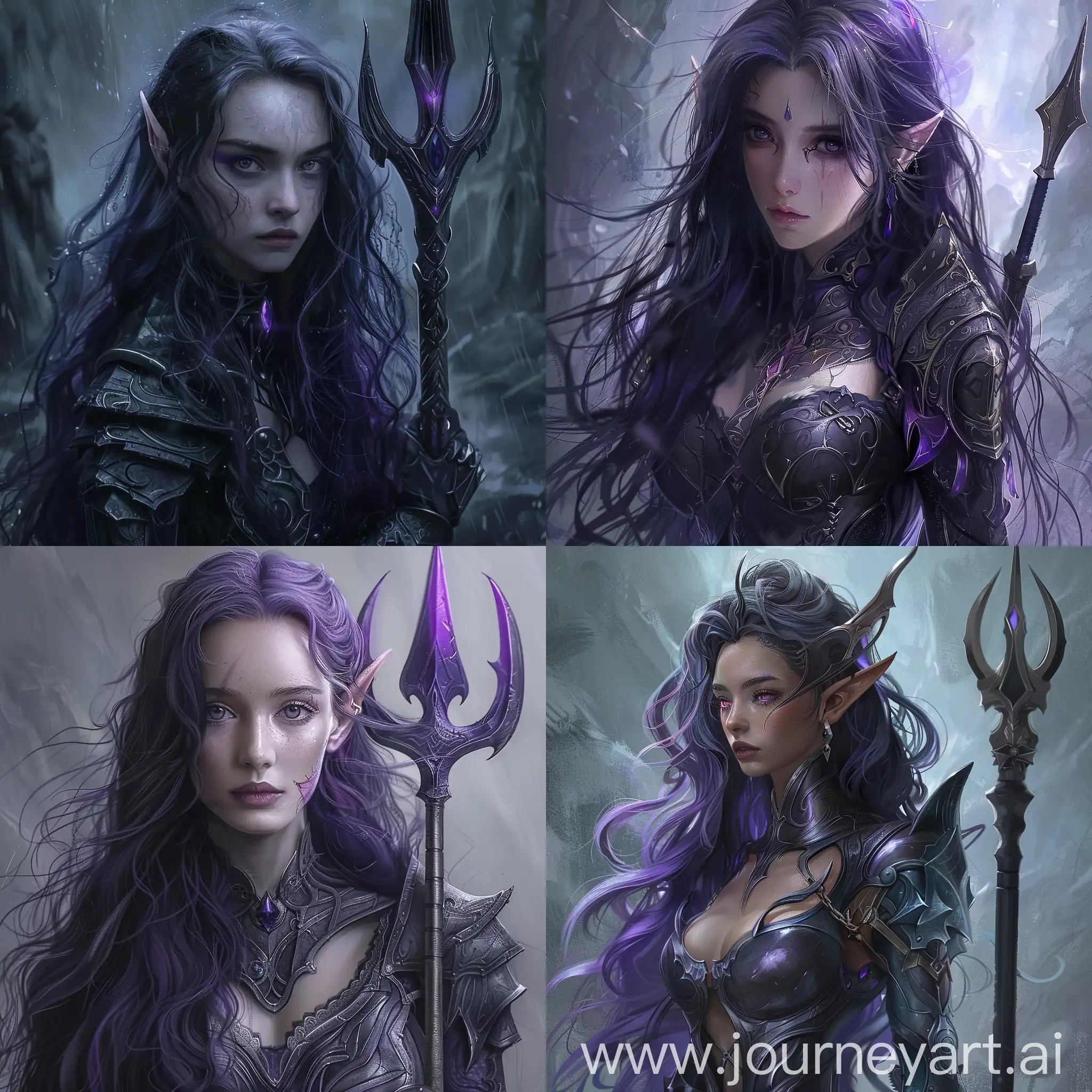 Woman, elf, black hair, purple hair, long hair, Wavy hair, gray skin, black eyes, purple eyes, armor, trident, special effects