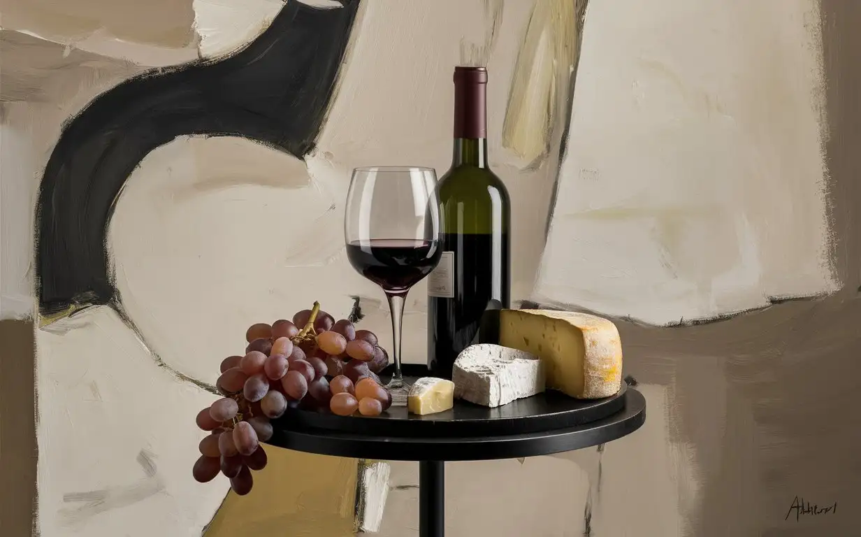 wine bottle, wine glass, cheese and grapes on small round table, neutral color scheme, abstract oil painting with bold strokes,
wine