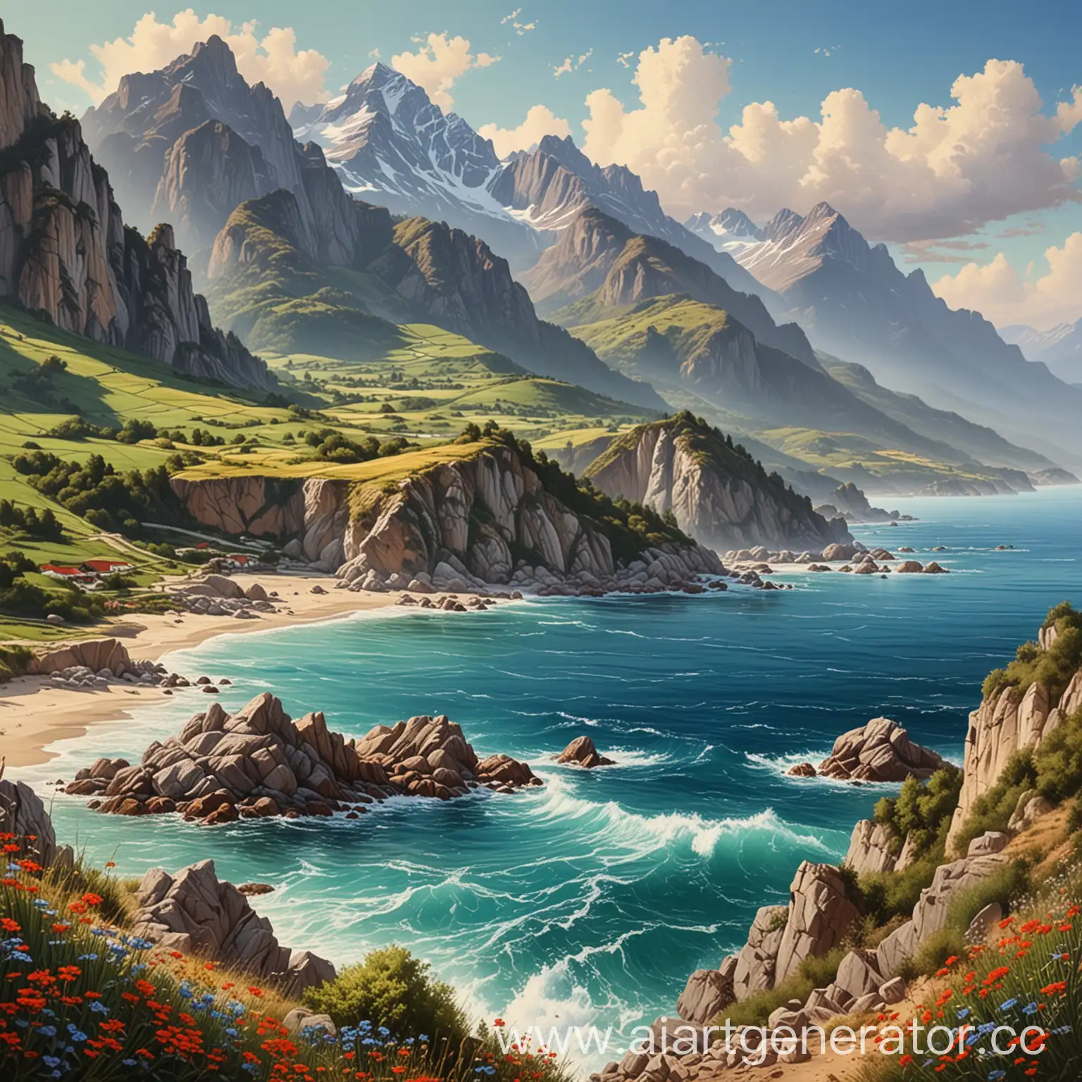 реалистичная картина, вокруг море и горы, красивая природа, шикарный вид вокруг