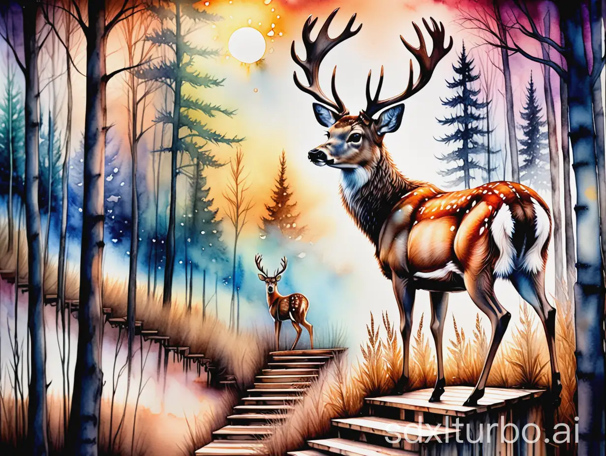 animal photography masterpiece watercolor painting on canvas with alcohol inks streaks , a hunter carefully watching from a beautiful rustic deer stand in the trees, wooden steps, a magnificent deer  in the distance, dawn. wild grasses, dramatic bokeh