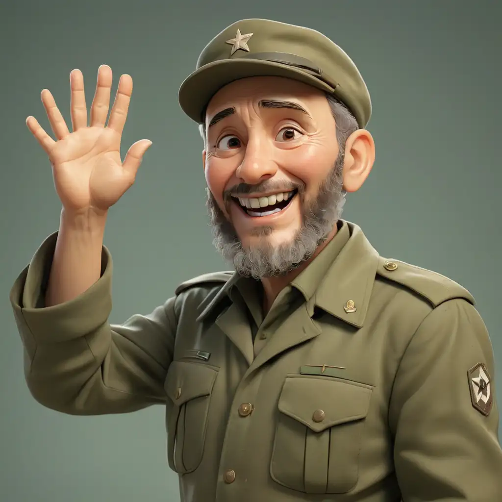 Fidel Castro waves his hand, greeting someone. He is joyful, enthusiastic Dressed in a military uniform. In the style of 3d animation, realism.