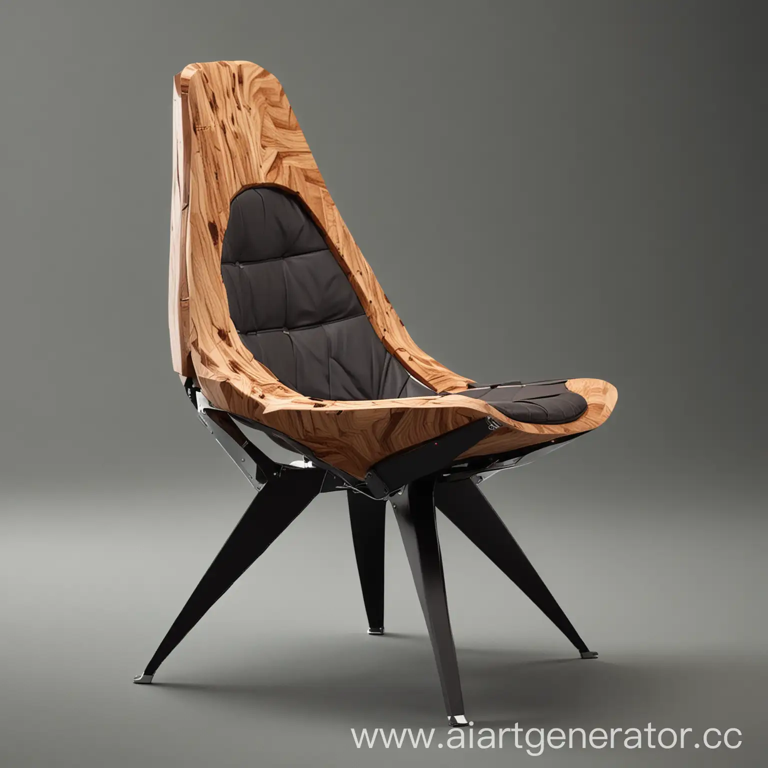 футуристическое кресло с применением древесины , алюминия и кожи
