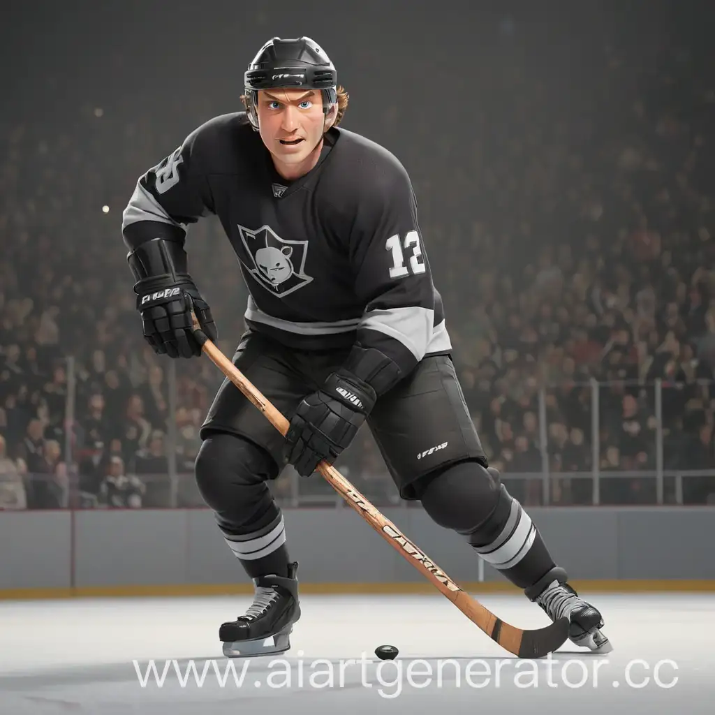 Cartoonish-Hockey-Player-in-Black-Uniform-on-Ice-Rink