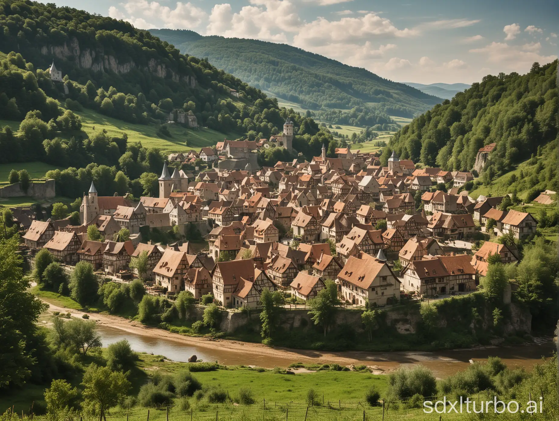 a medieval village in an idyllic landscape