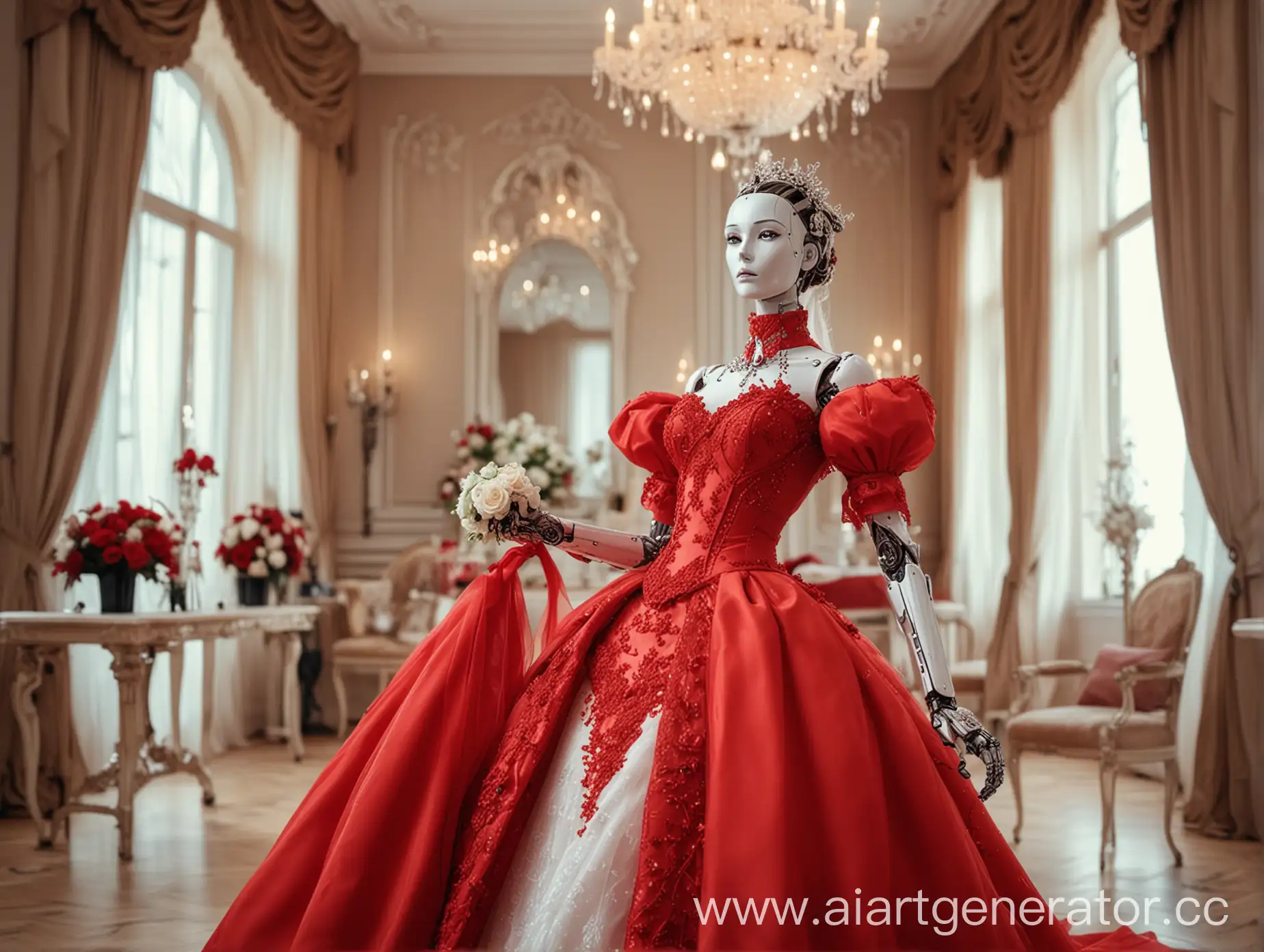 Luxurious-Red-Dress-Robot-Bride-in-Wedding-Salon