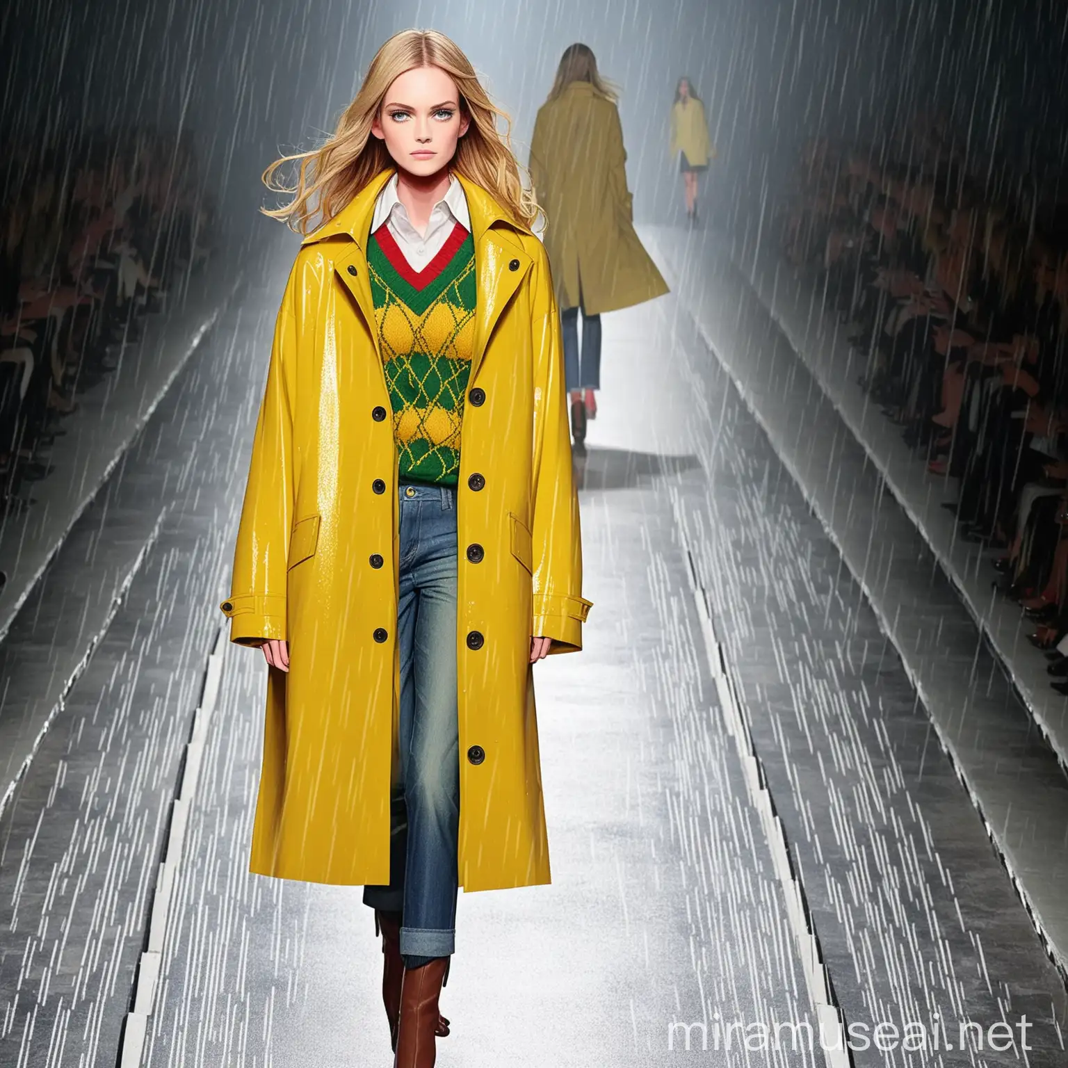 A fashion runway with a classic yellow rain coat and Irish sweater layered with classic with shirt