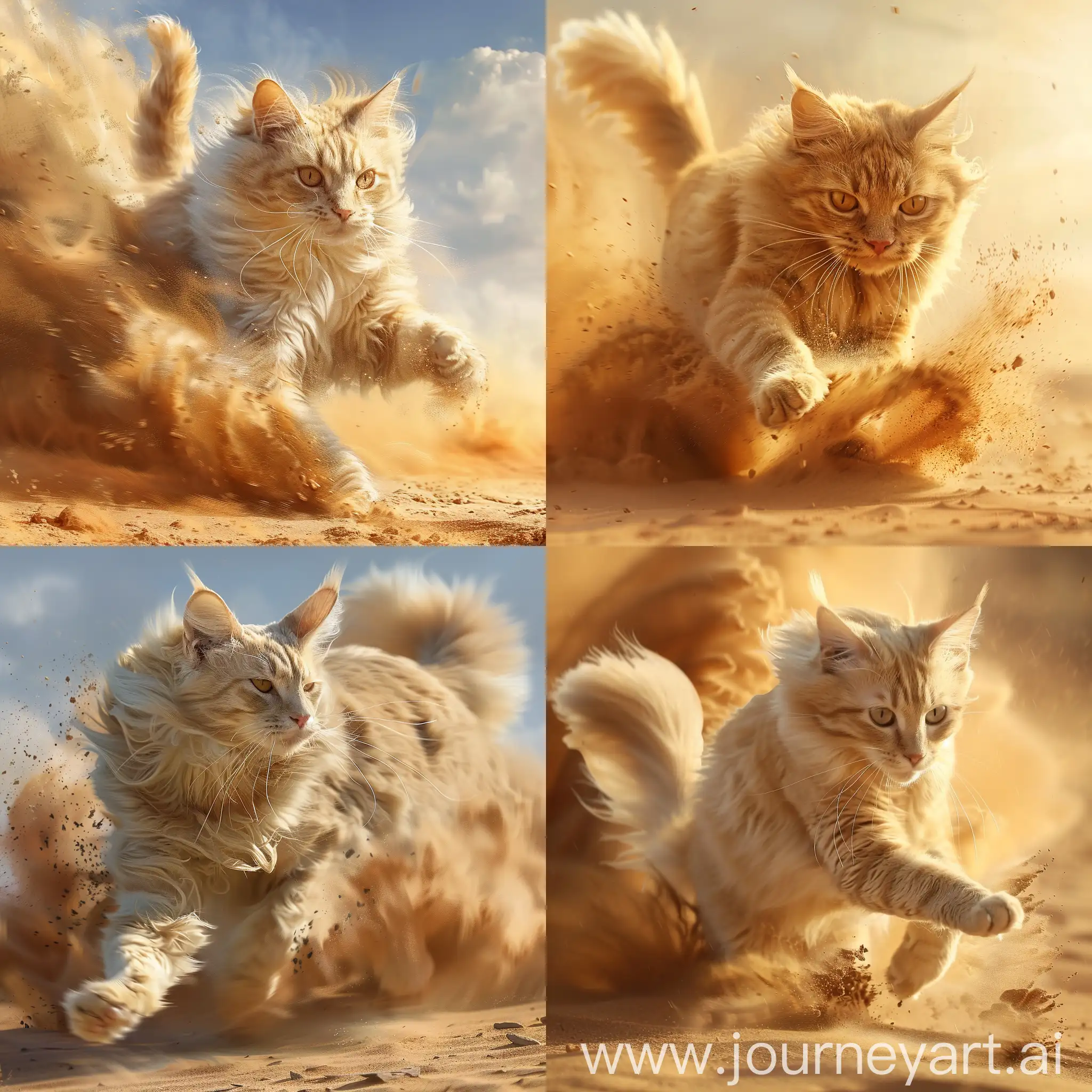 https://i.imgur.com/24QUFp9.jpeg, 
Realistic sprinter yellow Turkish Angora cat, running in the desert, causing sandstorm wherever he goes, front image capture
