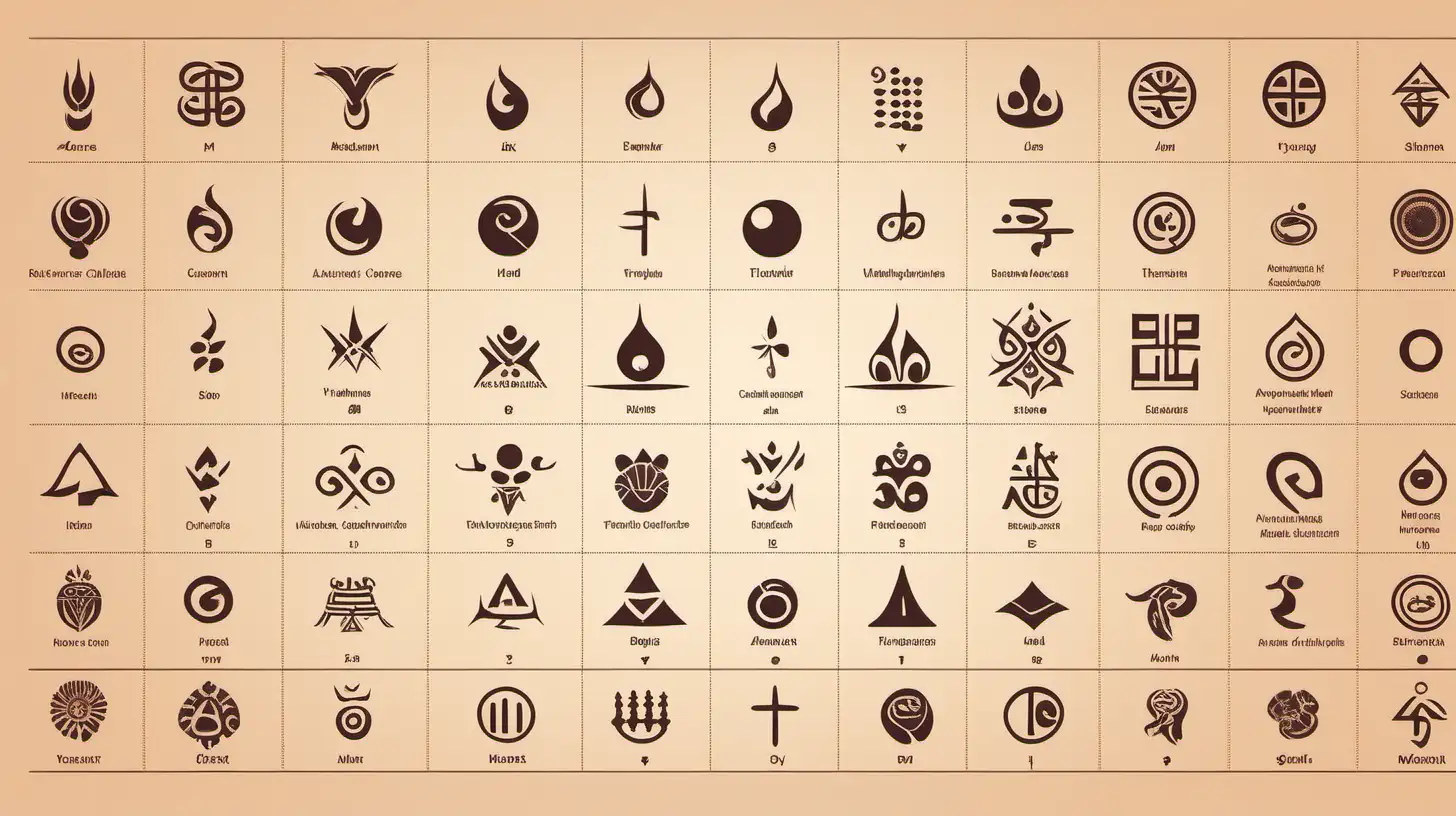 create a chart of element symbols for an ancient culture, no background