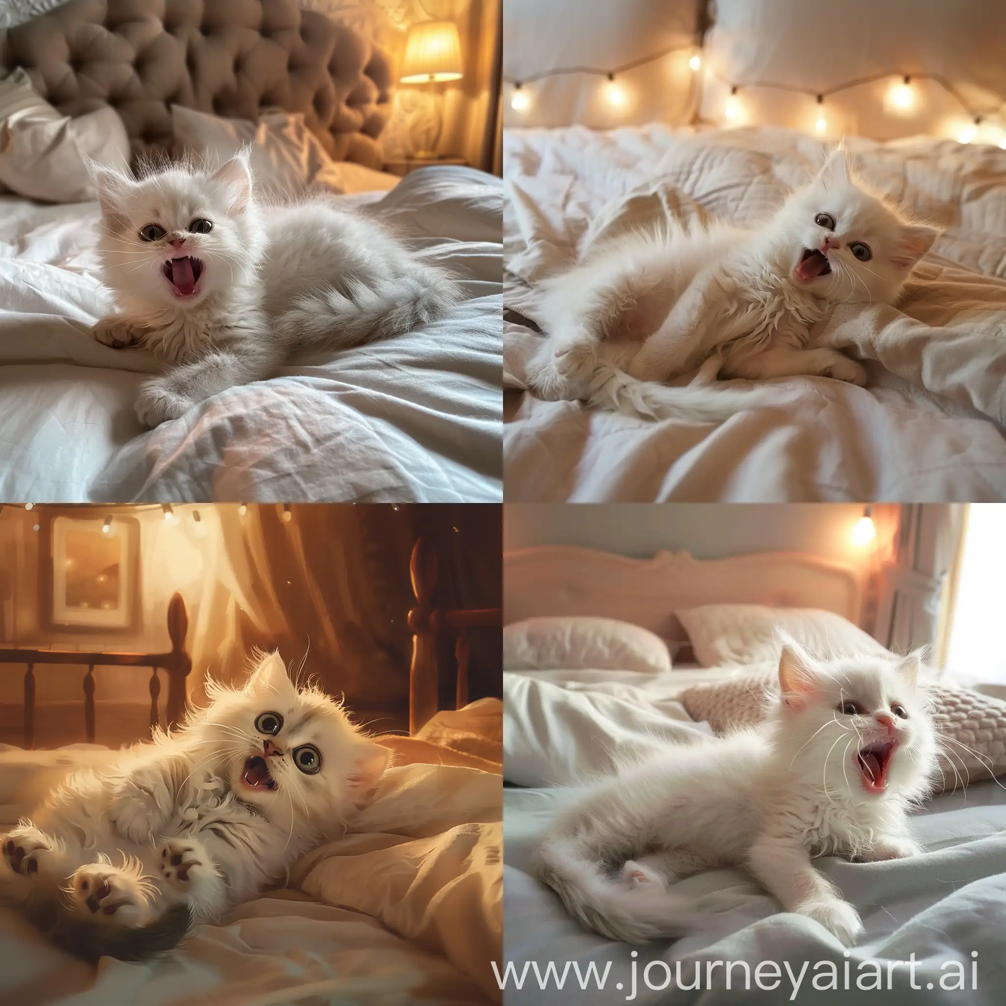 Adorable-White-Kitten-Yawning-on-Cozy-Bedroom-Bed