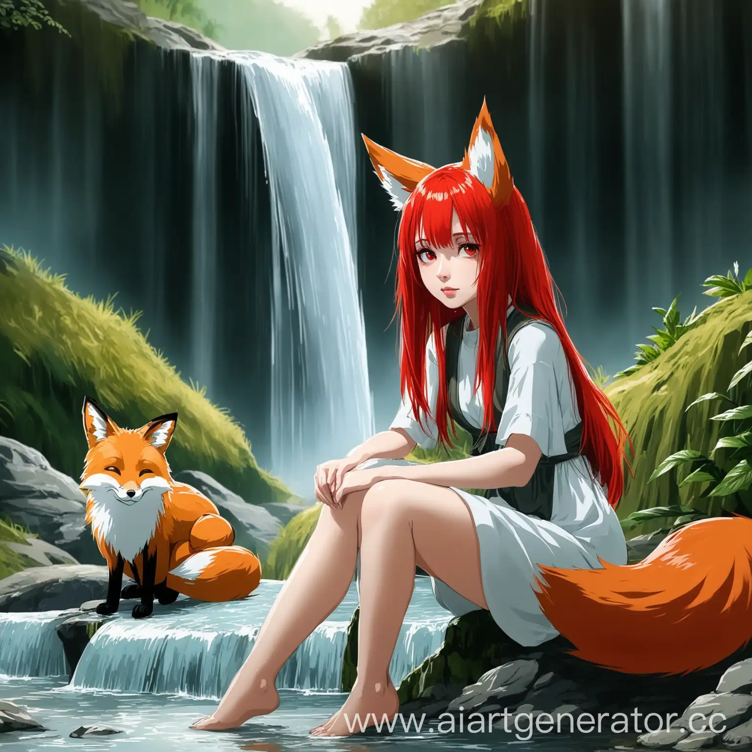 Girl-with-Red-Hair-and-Fox-Ears-Sitting-by-Waterfall