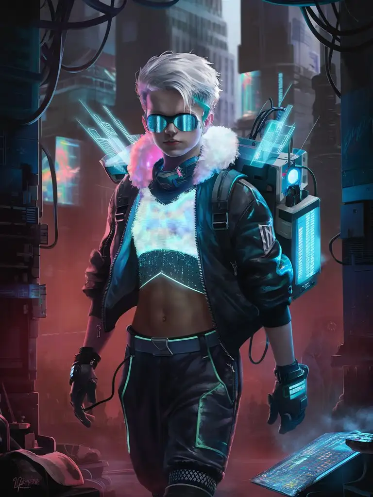 teen femboy hacker, white hair, outfit with bioluminescent details, jacket over fluffy top, backpack, dystopian cyberpunk, dark shadows, fluffy fur-trim, holograph, matrix
