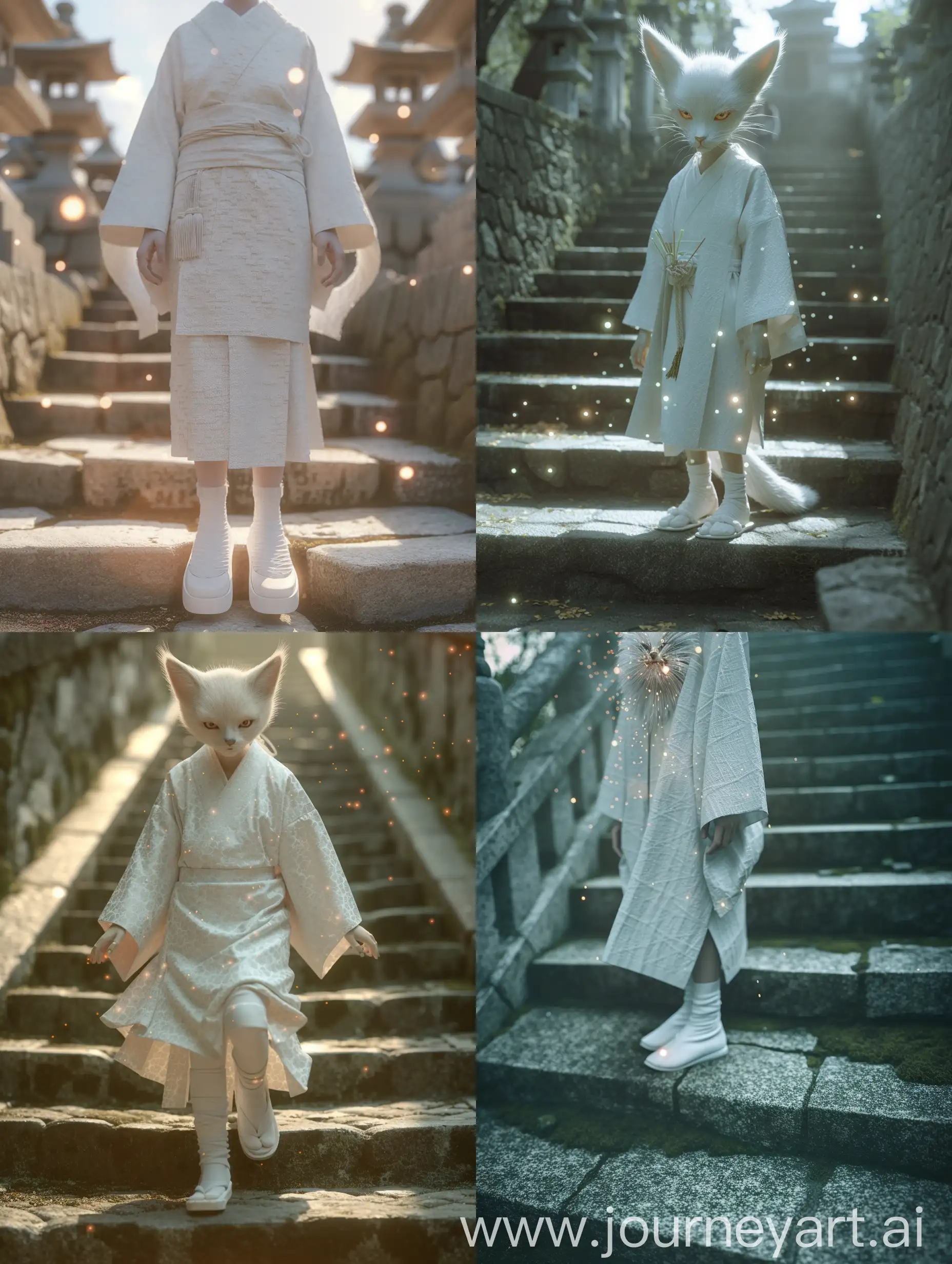 cinematic, realism, Using (((imagination))) to craft a photorealistic representation of an unusual fantasy dream, use wide-angle lens, long-shot, full-shot, Cinematic shooting techniques and shooting angles. Depiction of a yokai ((( Fox spirit))), wearing a white kimono,
cinematic, realism, Using (((imagination))) to craft a photorealistic representation of an unusual fantasy dream, Cinematic shooting techniques and shooting angles, use low-angle lens, long-shot, full-shot. Depiction of a yokai ((( Chōchin-oiwa))), wearing a white kimono, white shoes, Abandoned ancient Stone staircase leading to temple in Tokyo, Amazing, shocking, Mysterious, Contrasty, tiles, ivory colors, Memphis, magic sparkles lighting, skillfully captured through an EE 70mm lens, providing a professional movie feel. The UHD camera captures every detail of this moment, highlighting the colors and textures. Render her in a photorealistic style, cinematic, capturing the fine details of her features and surroundings. Pay close attention to realistic skin tones, textures, and lighting conditions. Ensure the image is in high resolution, such as 8K, to showcase the intricate details and allo