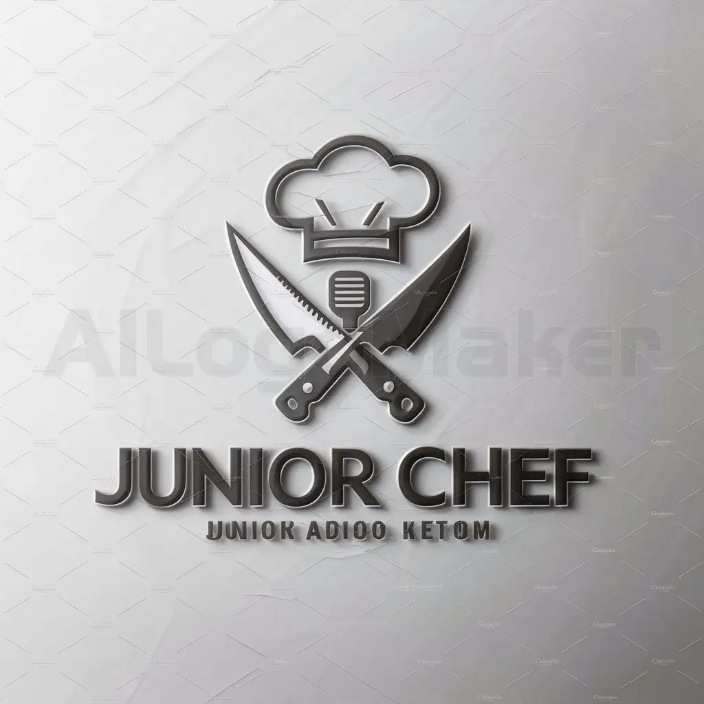a logo design,with the text "JUNIOR CHEF", main symbol:A KNIFE AND CHEF CAP WITH AMICRPHONE,Moderate,clear background