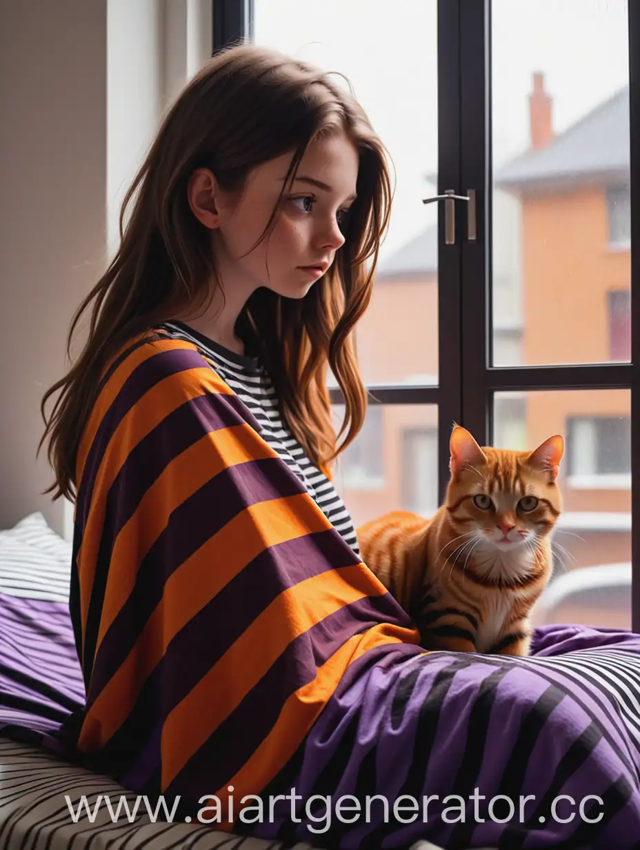 Brunette-Girl-in-Striped-Shirt-Sitting-on-Bed-with-Ginger-Cat-by-Window