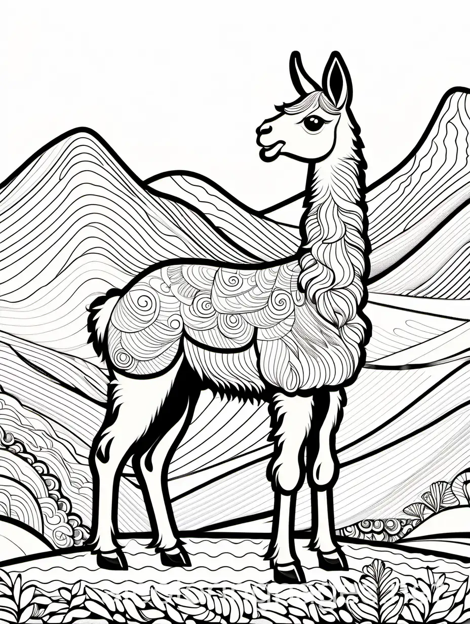 llama eating, Coloring Page, black and white, line art, white background, Simplicity, Ample White Space