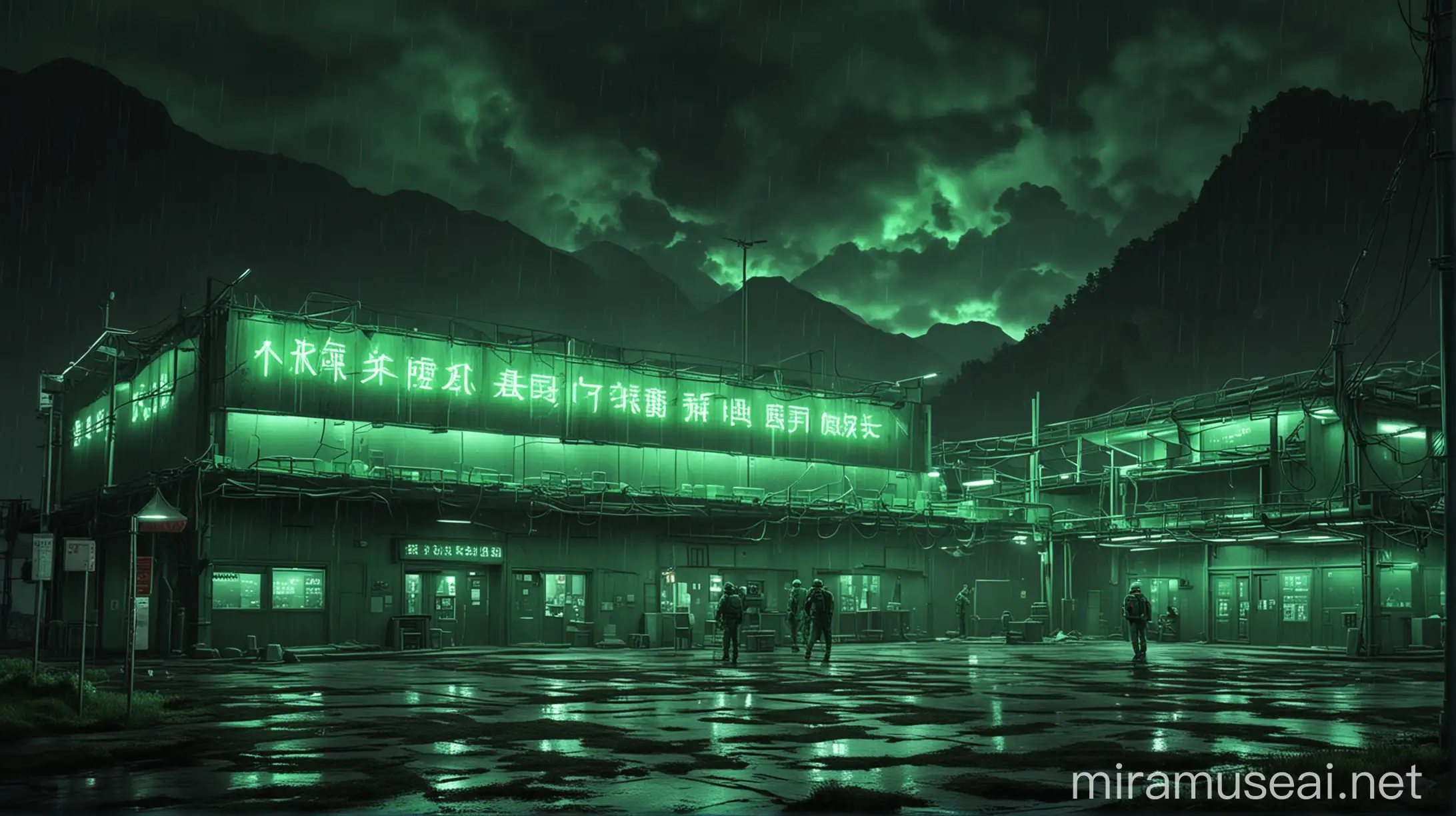Realistic research centers buildings with one worker around it, green neon and huge neon lights inside the part, its color shadow on the floor, Rainy weather, staff in dark green uniforms and helmets, Atmospheric and cinematic, The huge structures, A dark green smoke rose from the research centers environment and spread in the air, The image space is outside the realistic research center.
with huge satellite antennas,
A huge cubic green neon object,
in the Realistic mountains.
atmospheric and cinematic.
All overall dark green image theme.
Very big lights and lots of green neon lights.
The neon lights in the image should be very bright throughout the image.
The neon lights in the picture should be very bright in the dark
The neon lights in the picture should be very bright.
Very large and bright neon lamps in the structure.
Shades of green throughout the image.
3D.
Several large advanced and strange buildings nearby.
With large Japanese inscriptions on the structure. dark sky 