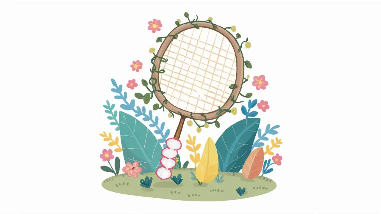 Vector Illustration of Adorable Plants and Flowers Surrounding a Badminton Racket