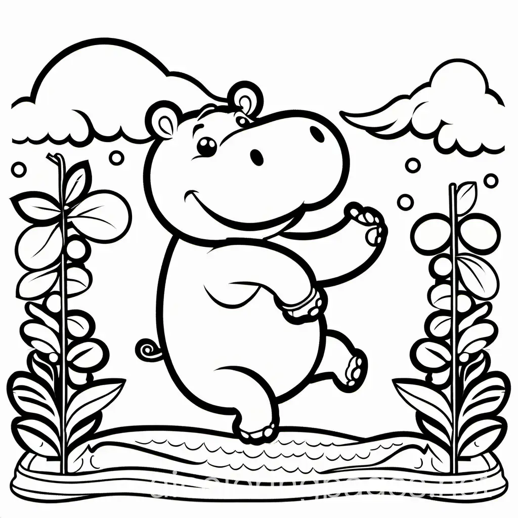 hippo dancing, Coloring Page, black and white, line art, white background, Simplicity, Ample White Space. The background of the coloring page is plain white to make it easy for young children to color within the lines. The outlines of all the subjects are easy to distinguish, making it simple for kids to color without too much difficulty