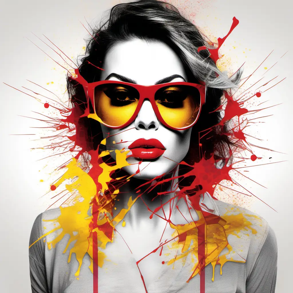 Stylish Woman in Sunglasses with Broken Glass Effect and Ink Splashes